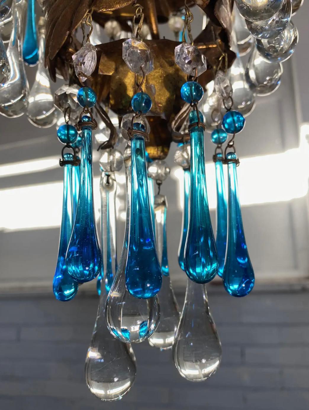 Mid-20th Century Pair of Lovely Chandeliers with White Roses and Blue Drops, Murano, 1950s For Sale