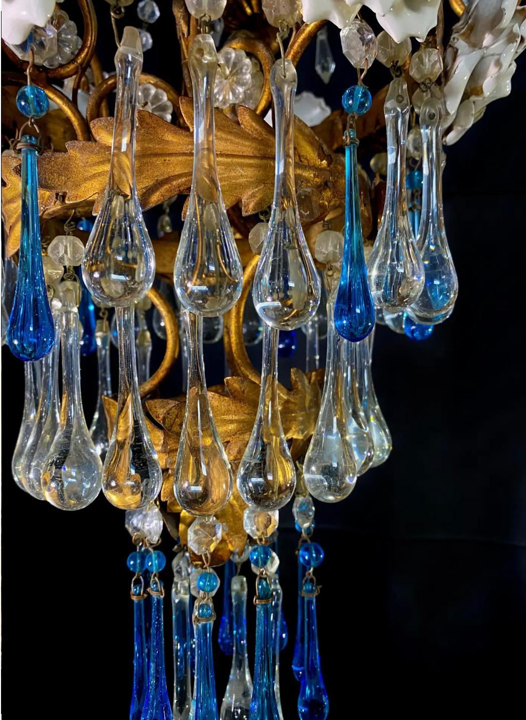 Pair of Lovely Chandeliers with White Roses and Blue Drops, Murano, 1950s For Sale 1