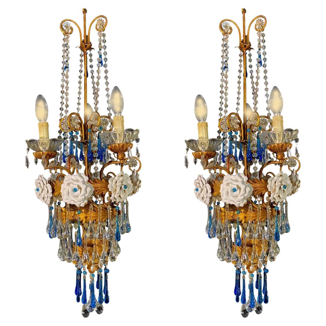 Pair of Lovely Chandeliers with White Roses and Blue Drops, Murano, 1950s For Sale
