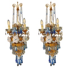 Vintage Pair of Lovely Chandeliers with White Roses and Blue Drops, Murano, 1950s