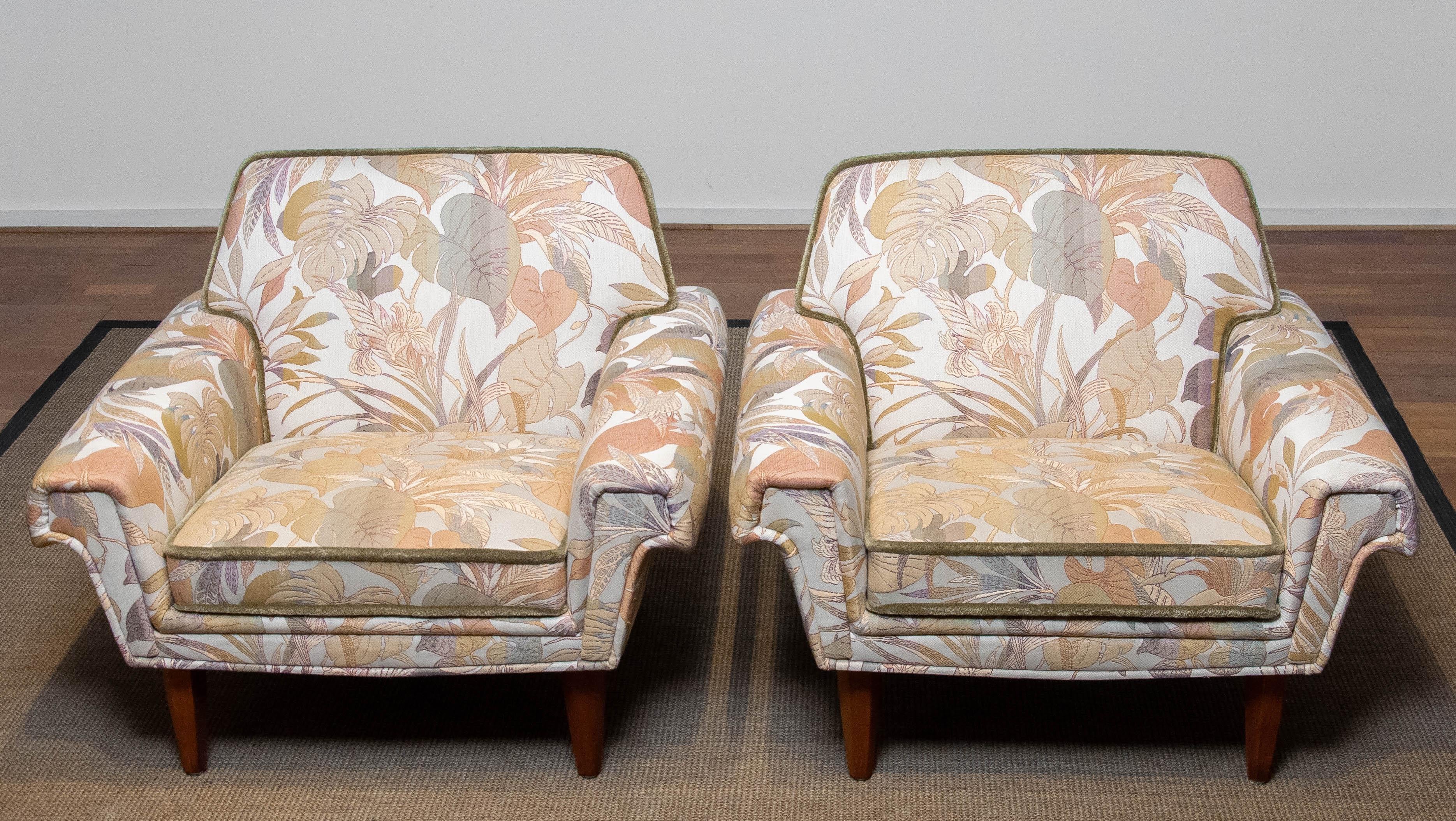 Pair Low Back Lounge Chairs Upholstered Floral Jacquard Fabric From Denmark 1970 For Sale 4