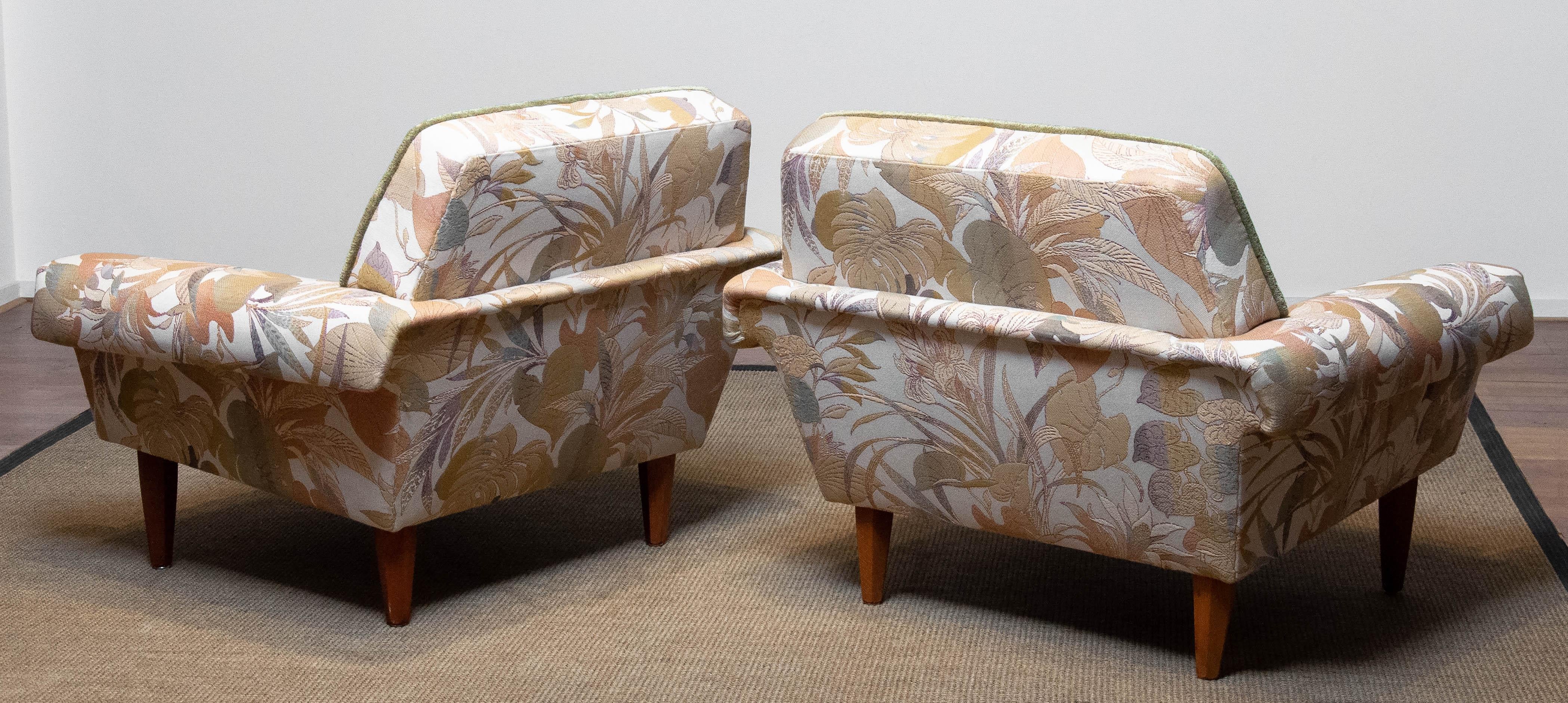 Pair Low Back Lounge Chairs Upholstered Floral Jacquard Fabric From Denmark 1970 For Sale 5