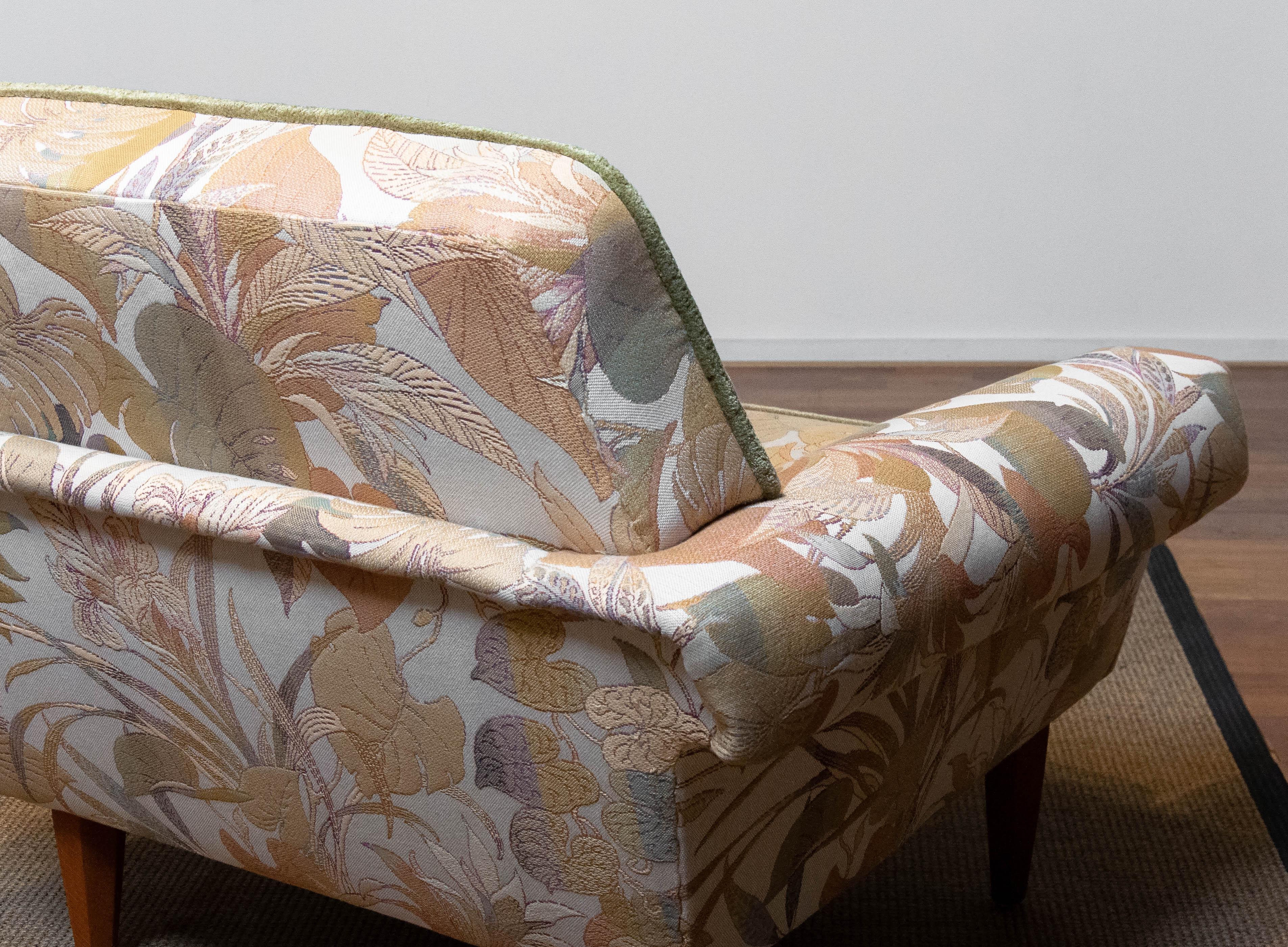 Pair Low Back Lounge Chairs Upholstered Floral Jacquard Fabric From Denmark 1970 For Sale 6