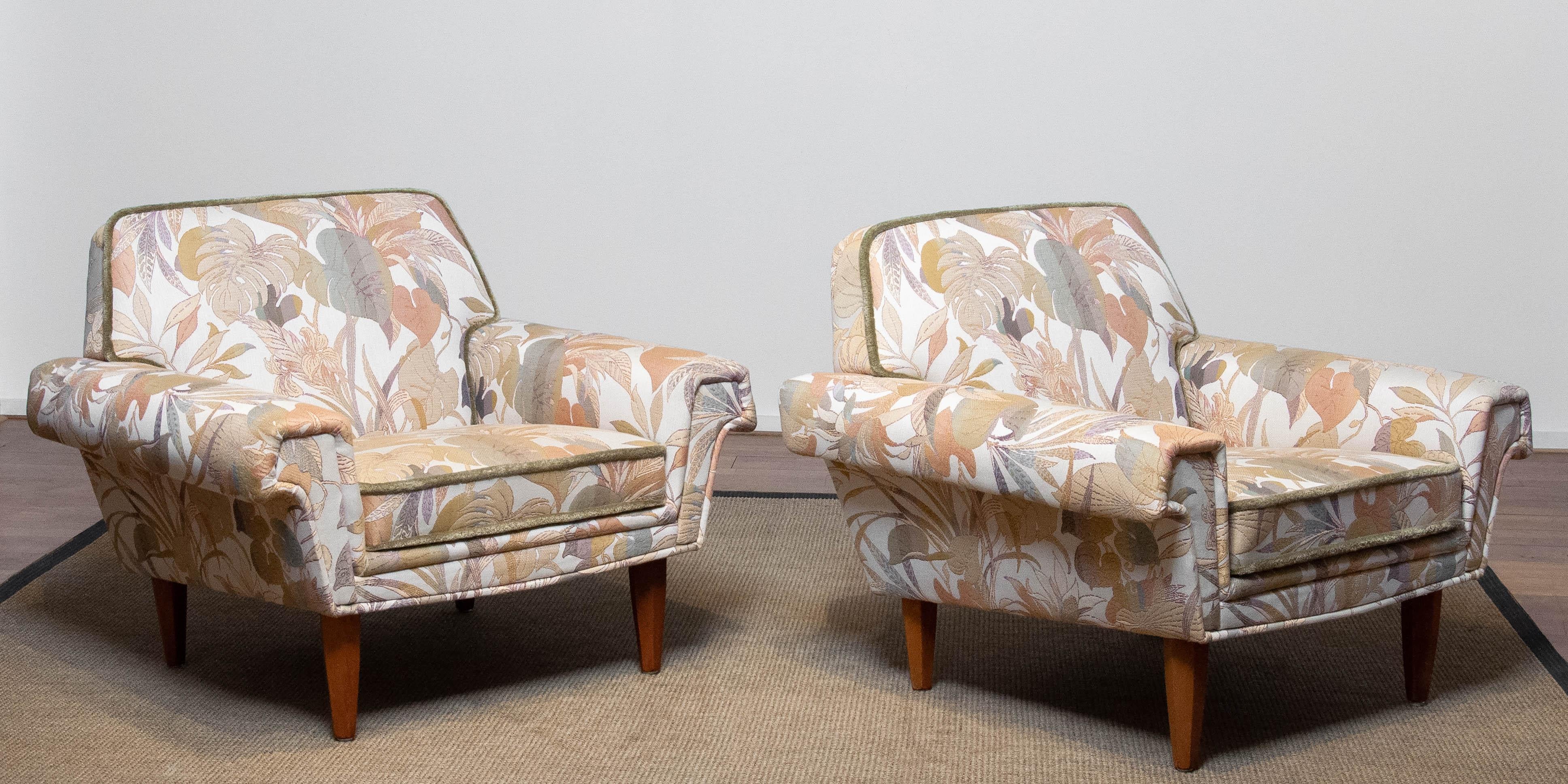 Pair Low Back Lounge Chairs Upholstered Floral Jacquard Fabric From Denmark 1970 For Sale 8
