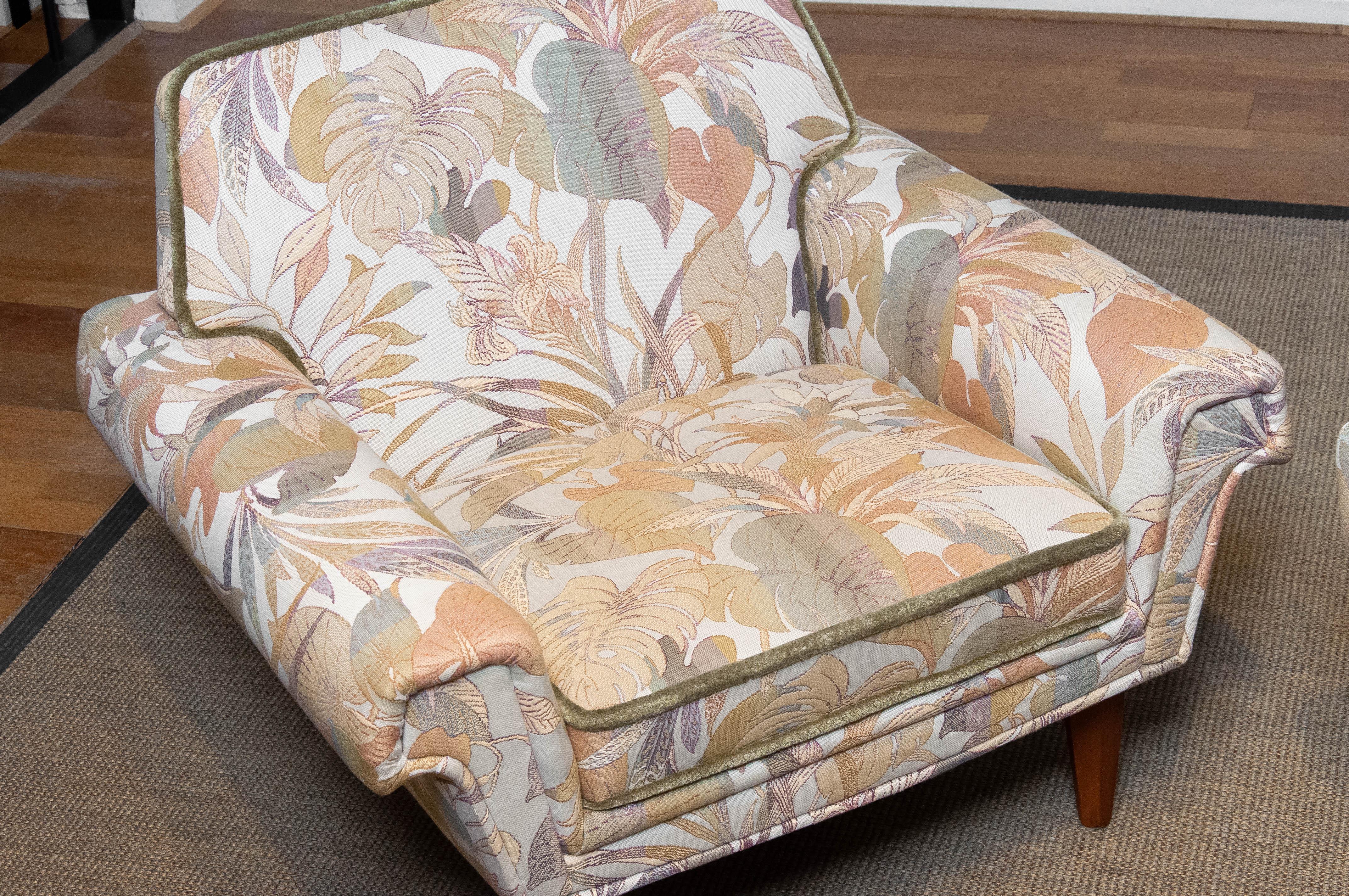 Pair Low Back Lounge Chairs Upholstered Floral Jacquard Fabric From Denmark 1970 For Sale 9