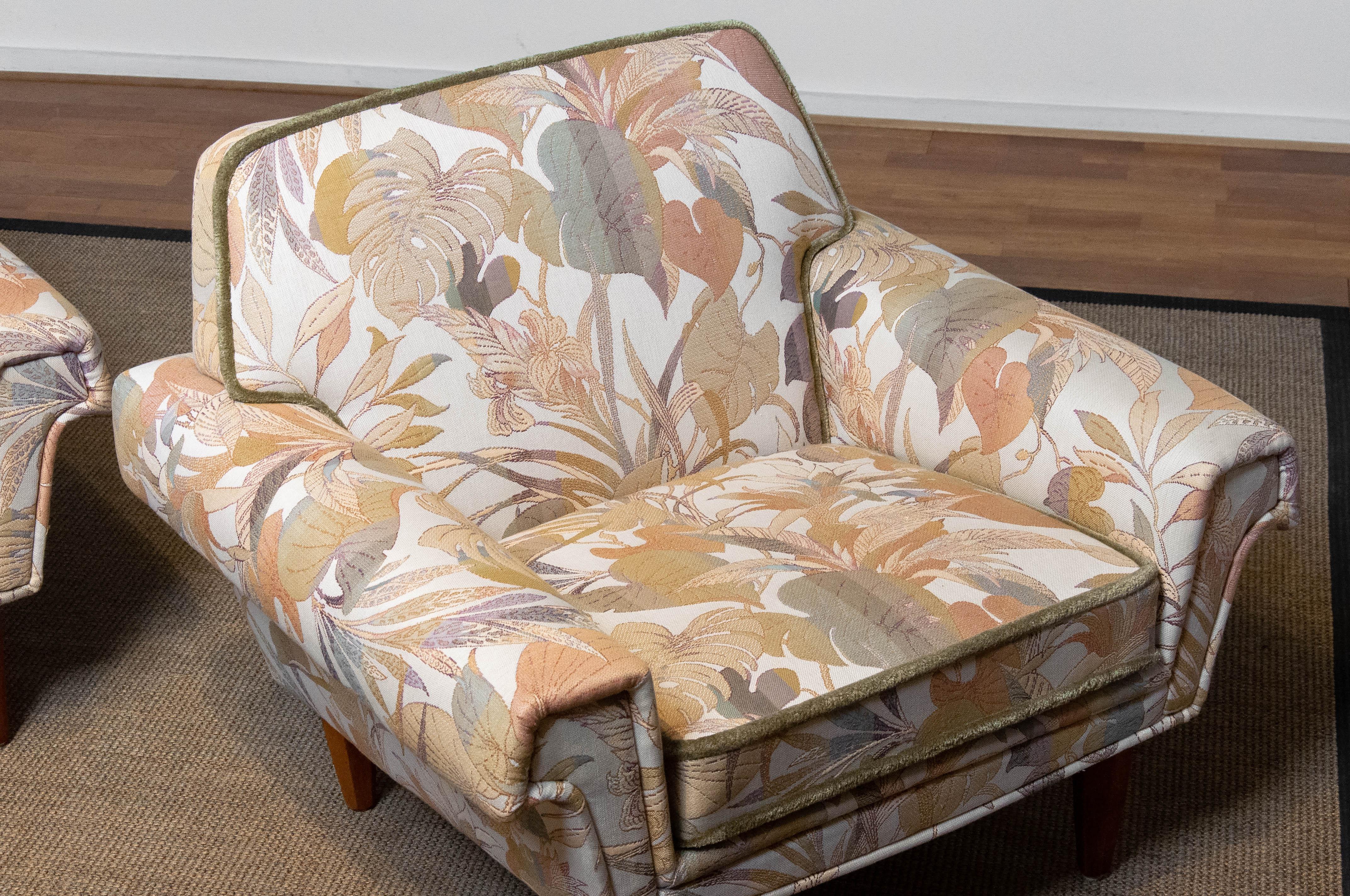 Pair Low Back Lounge Chairs Upholstered Floral Jacquard Fabric From Denmark 1970 For Sale 10