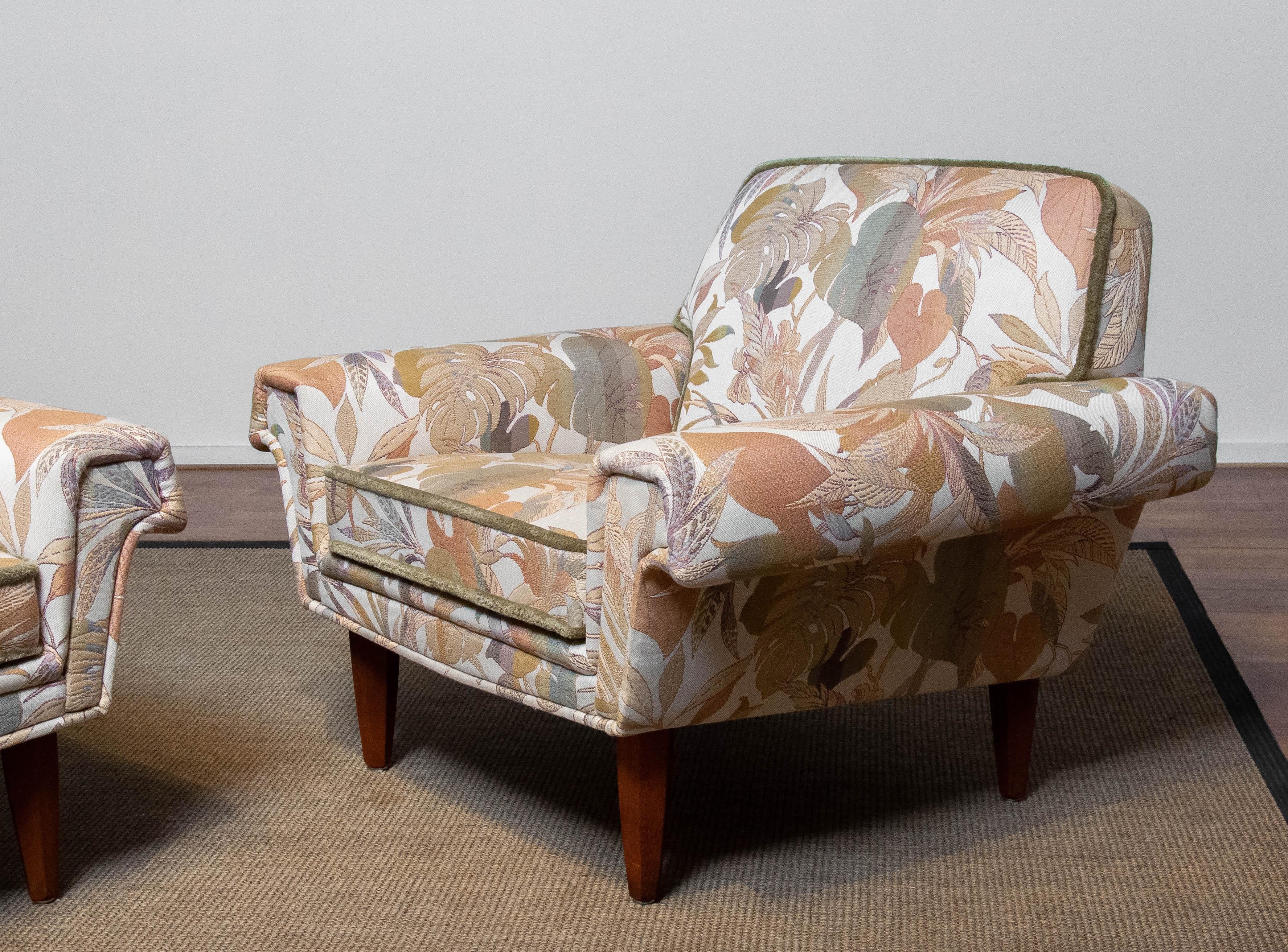 Hollywood Regency Pair Low Back Lounge Chairs Upholstered Floral Jacquard Fabric From Denmark 1970 For Sale