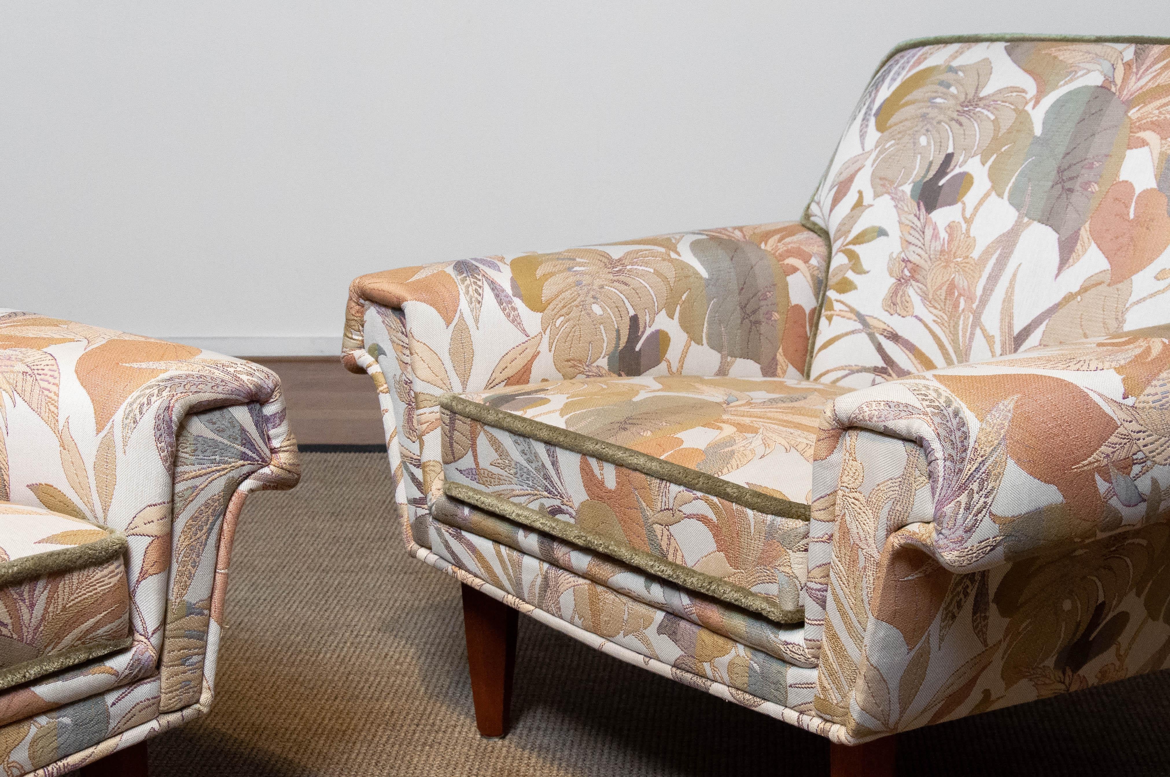 Danish Pair Low Back Lounge Chairs Upholstered Floral Jacquard Fabric From Denmark 1970 For Sale