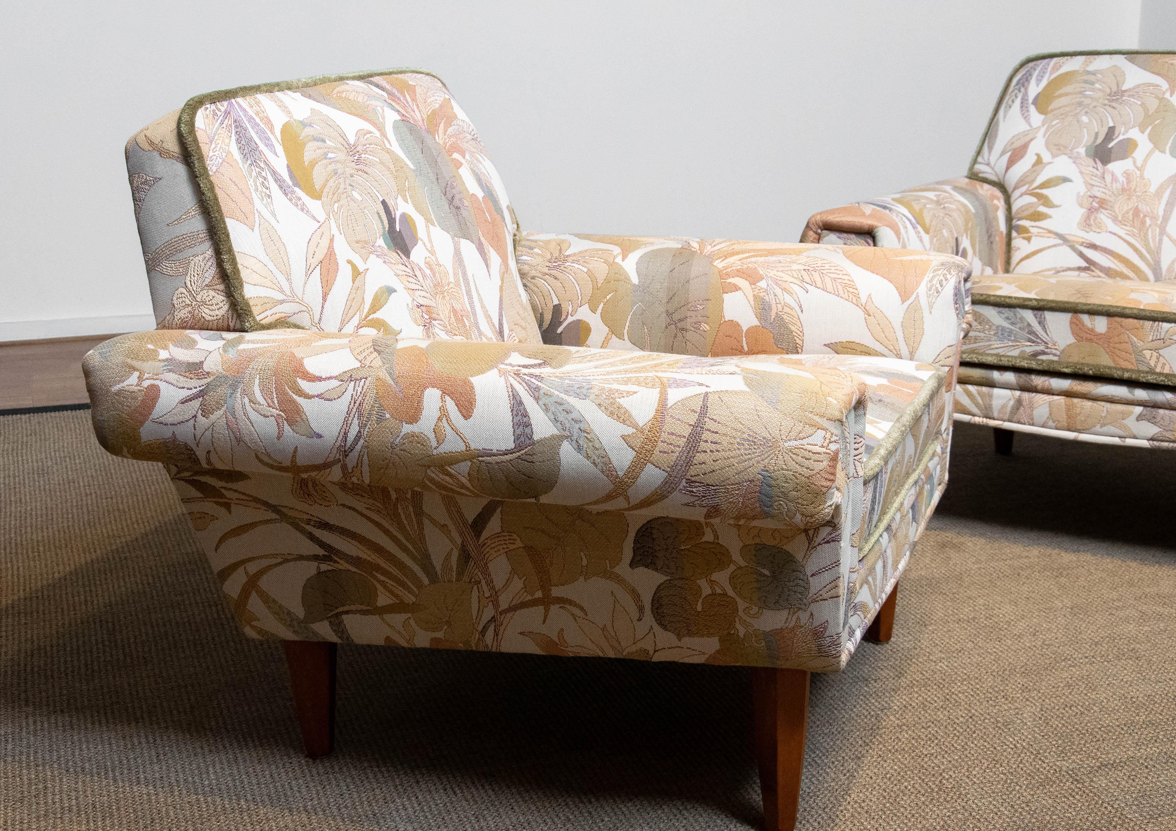 Mid-20th Century Pair Low Back Lounge Chairs Upholstered Floral Jacquard Fabric From Denmark 1970 For Sale