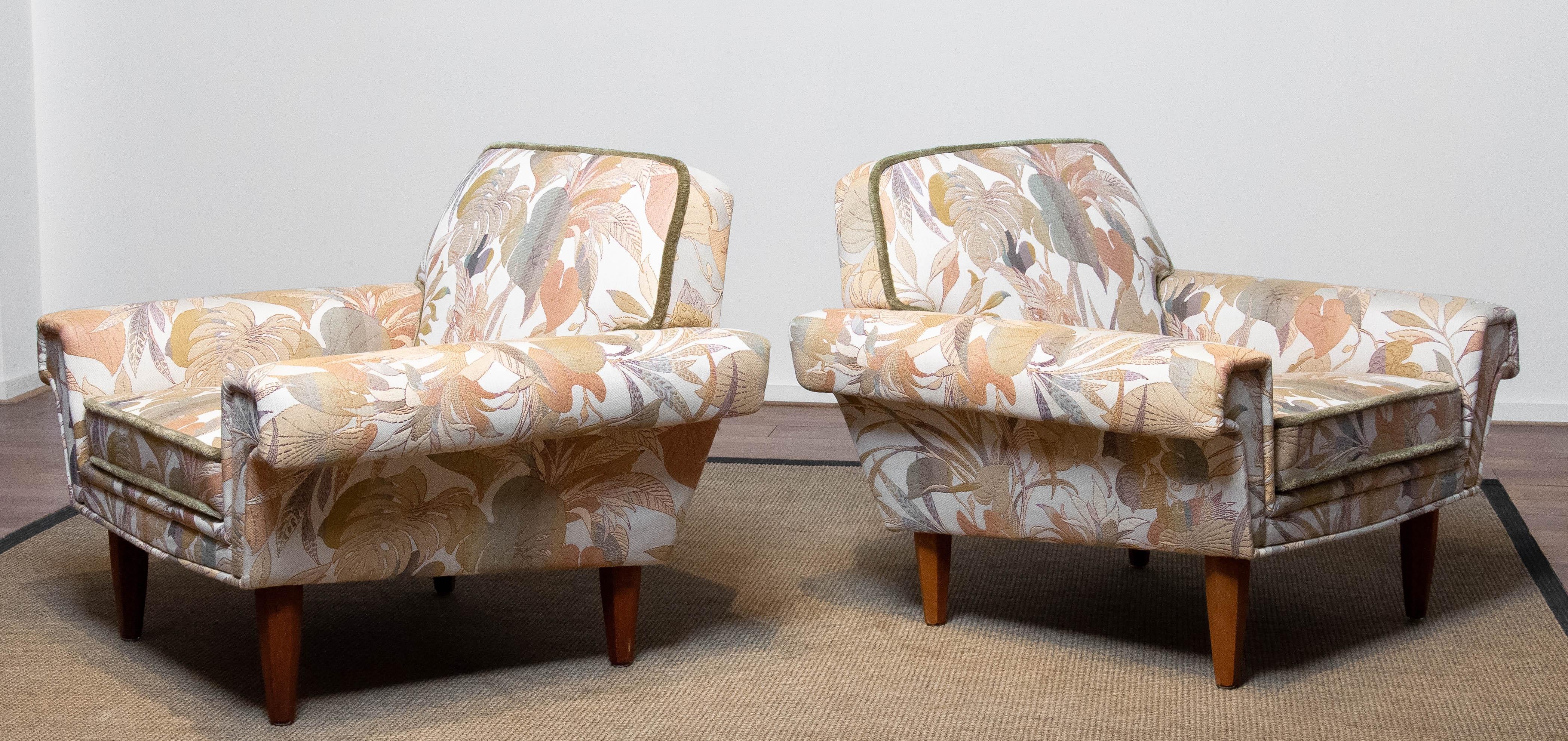 Pair Low Back Lounge Chairs Upholstered Floral Jacquard Fabric From Denmark 1970 For Sale 1