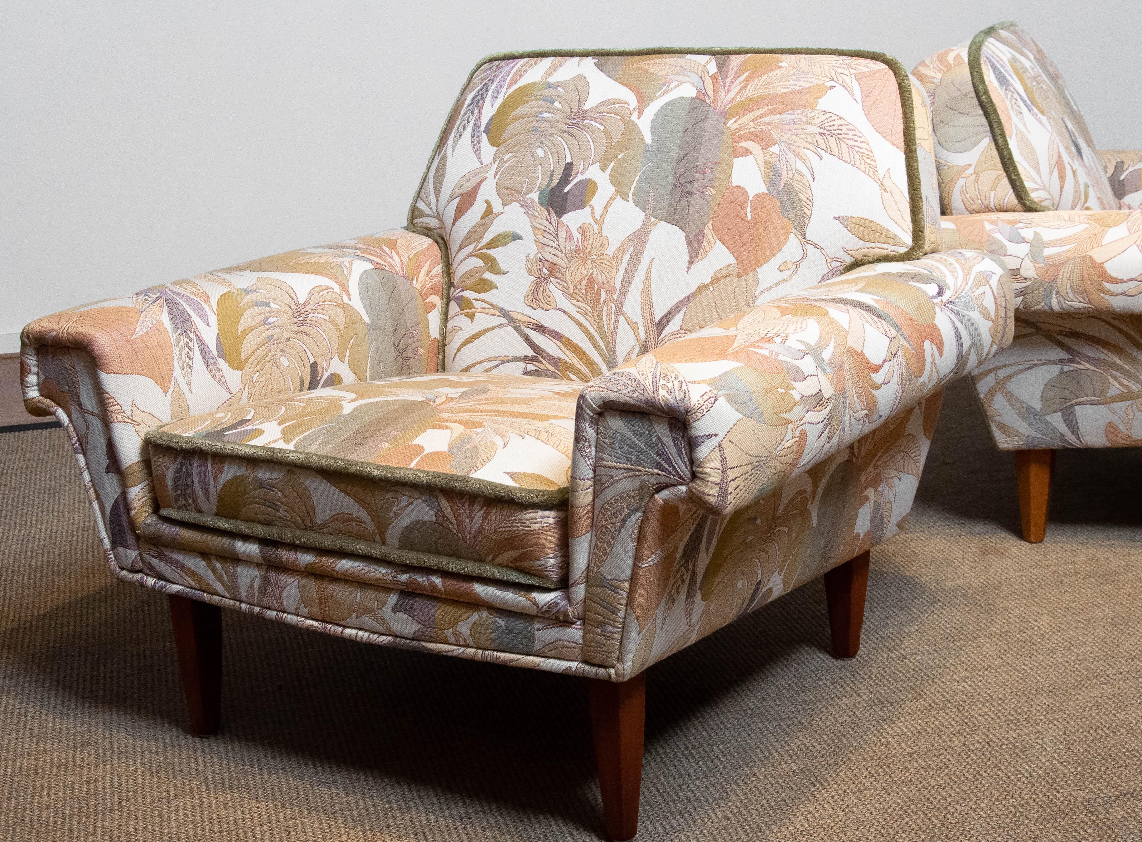 Pair Low Back Lounge Chairs Upholstered Floral Jacquard Fabric From Denmark 1970 For Sale 2
