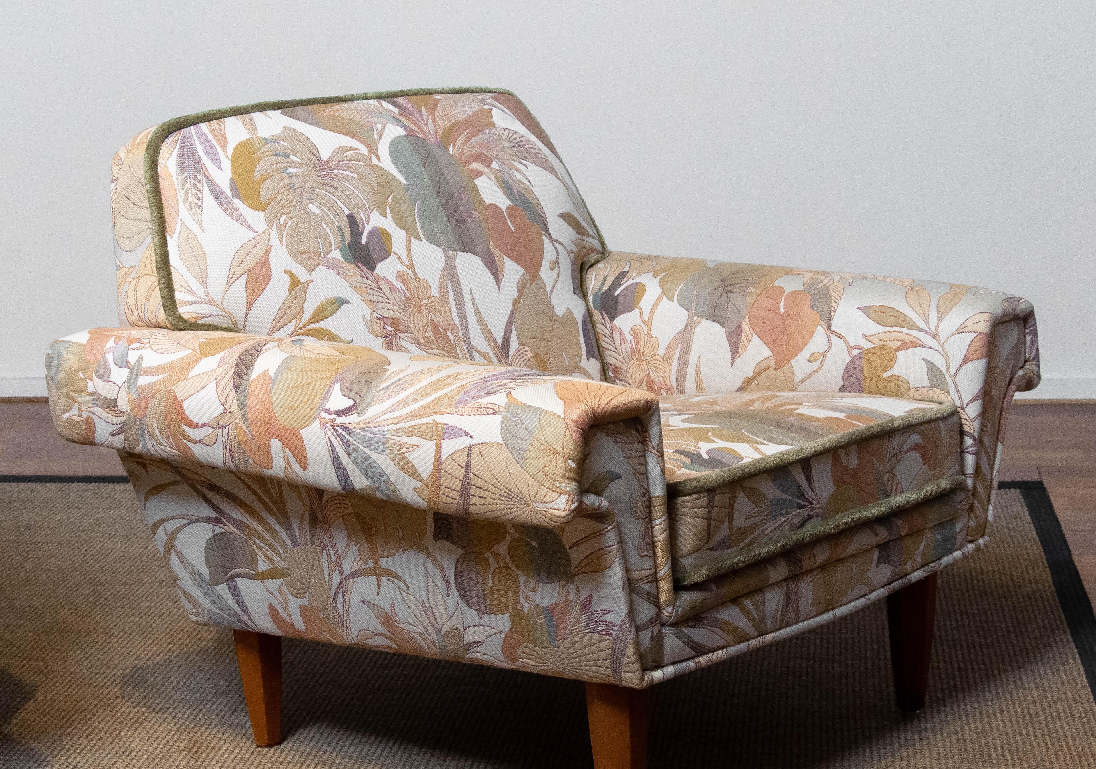 Pair Low Back Lounge Chairs Upholstered Floral Jacquard Fabric From Denmark 1970 For Sale 3