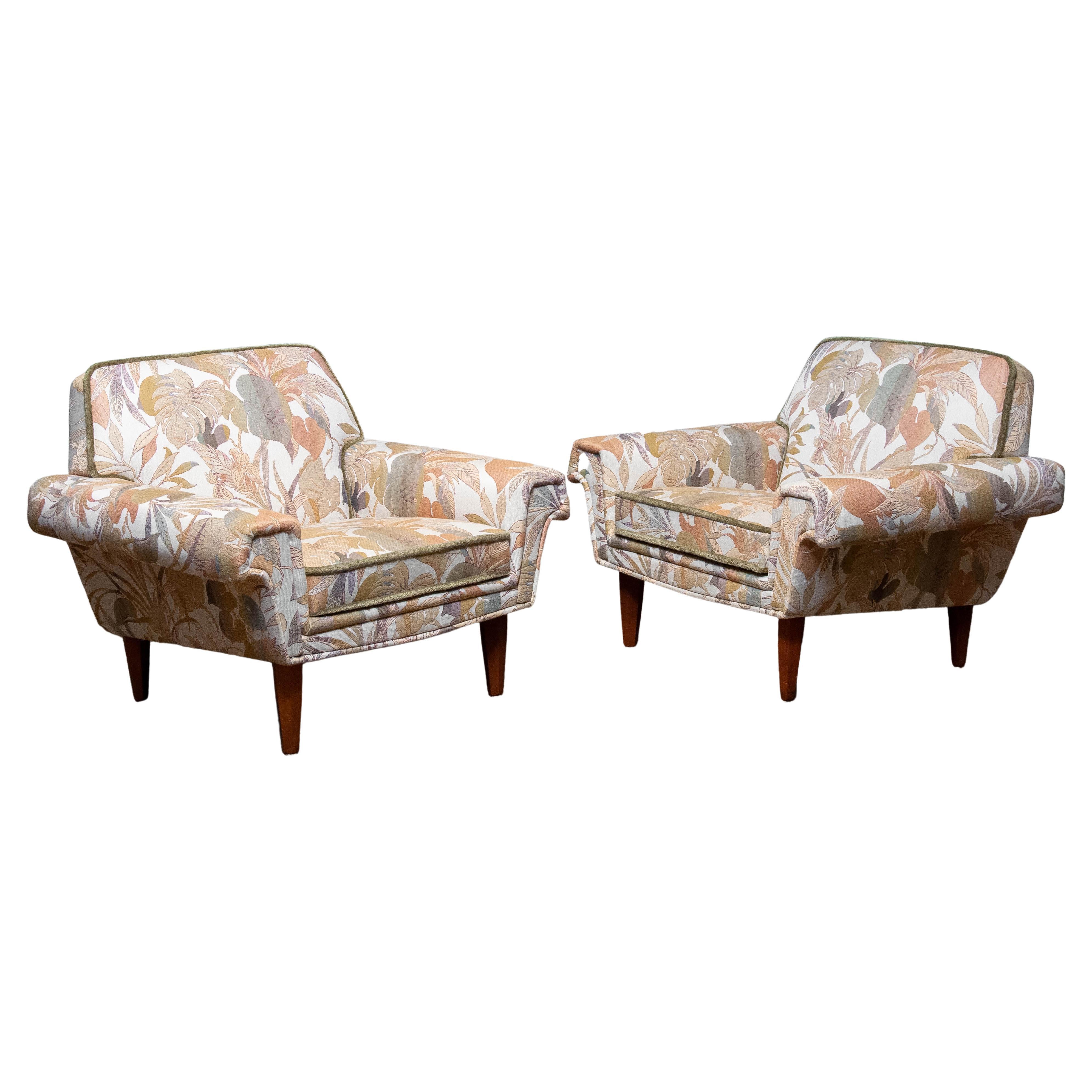 Pair Low Back Lounge Chairs Upholstered Floral Jacquard Fabric From Denmark 1970 For Sale