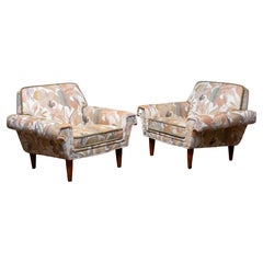 Pair Low Back Lounge Chairs Upholstered Floral Jacquard Fabric From Denmark 1970