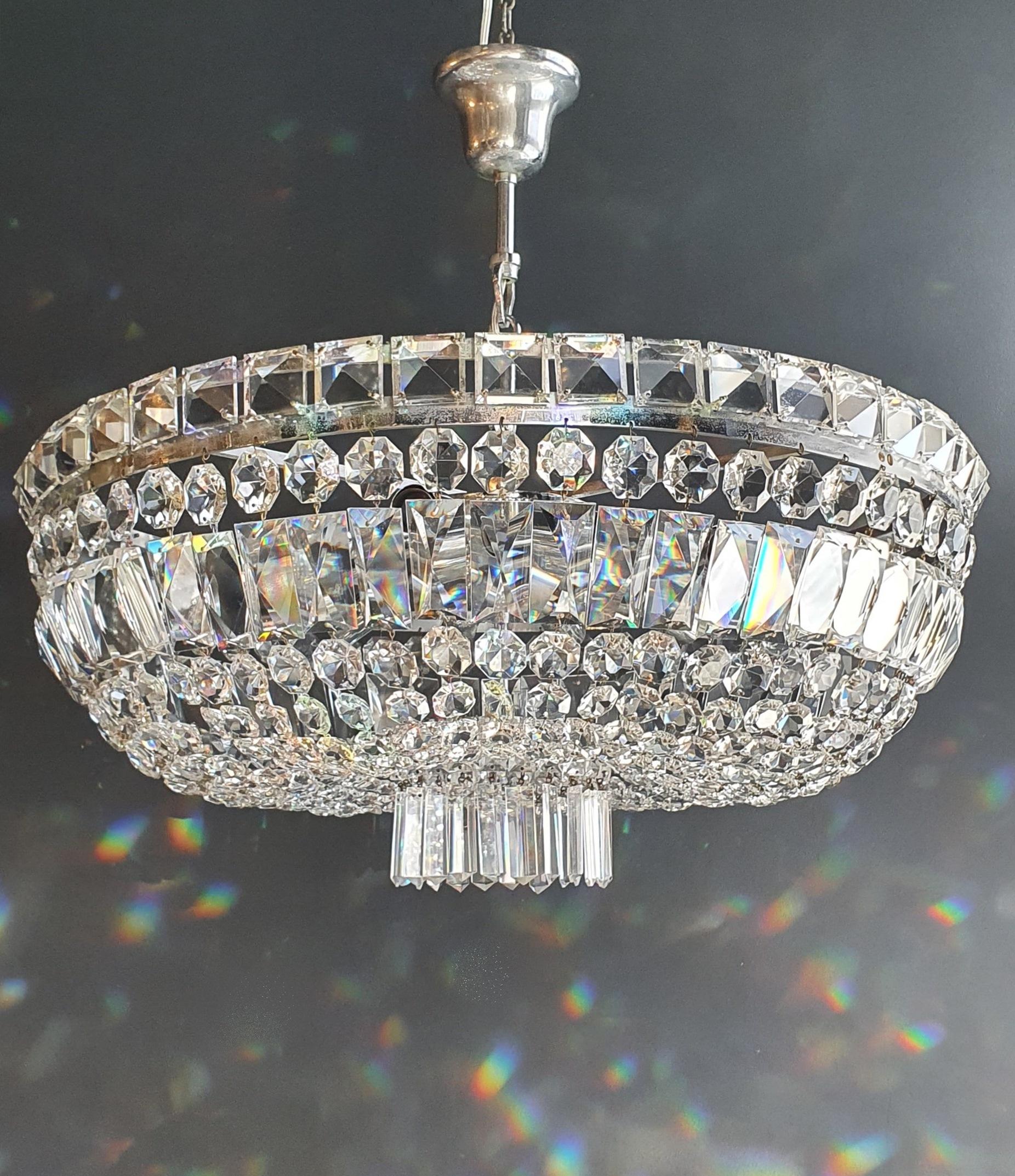 European Low Plafonnier Crystal Chandelier Chrome Lustre Ceiling Art Deco Silver