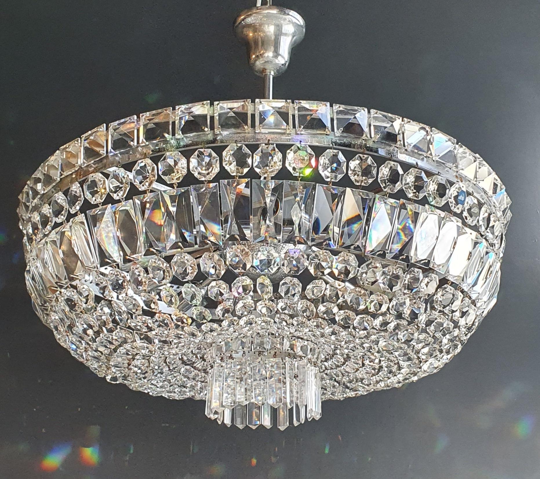 Hand-Knotted Low Plafonnier Crystal Chandelier Chrome Lustre Ceiling Art Deco Silver