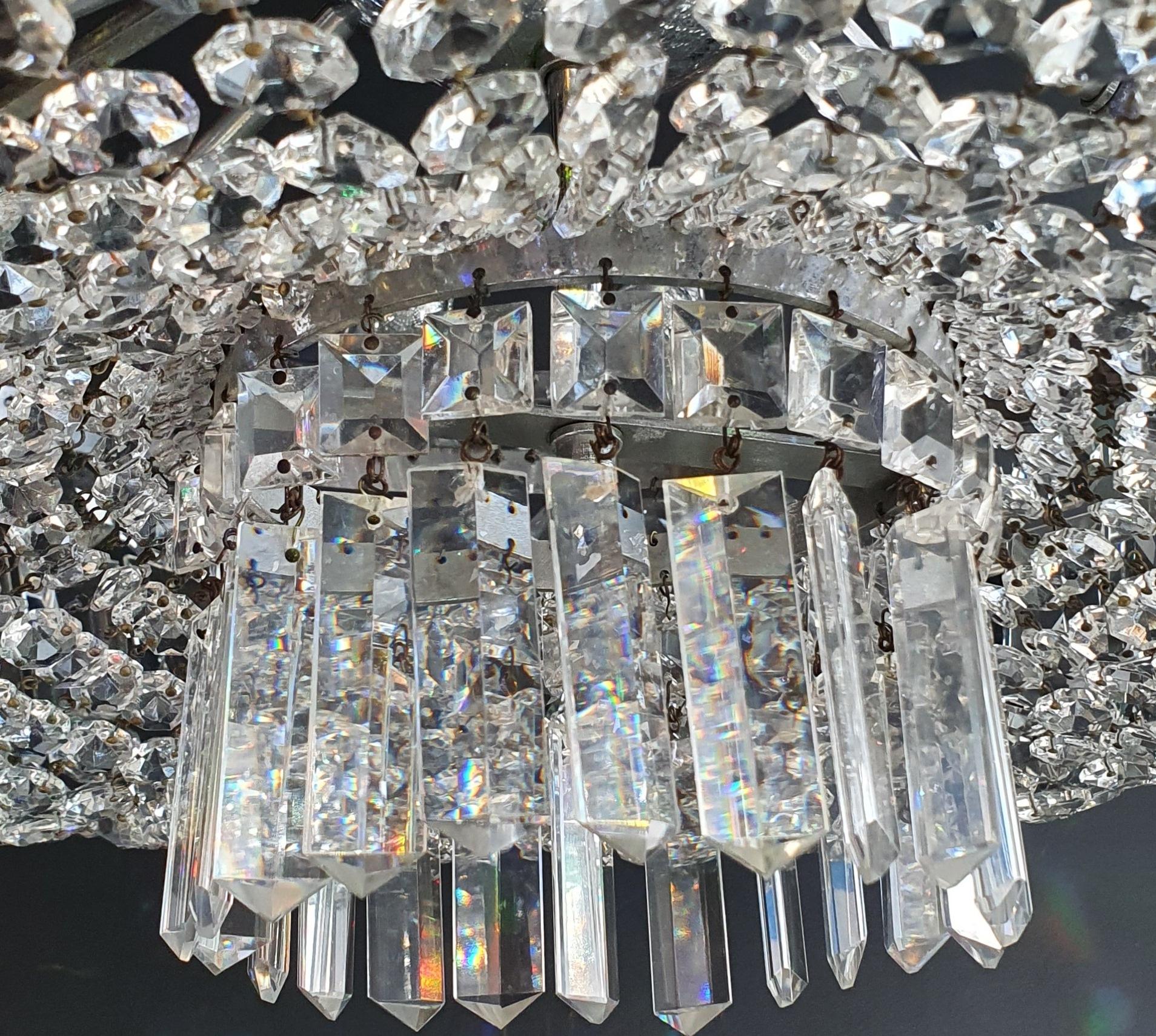 Mid-20th Century Low Plafonnier Crystal Chandelier Chrome Lustre Ceiling Art Deco Silver