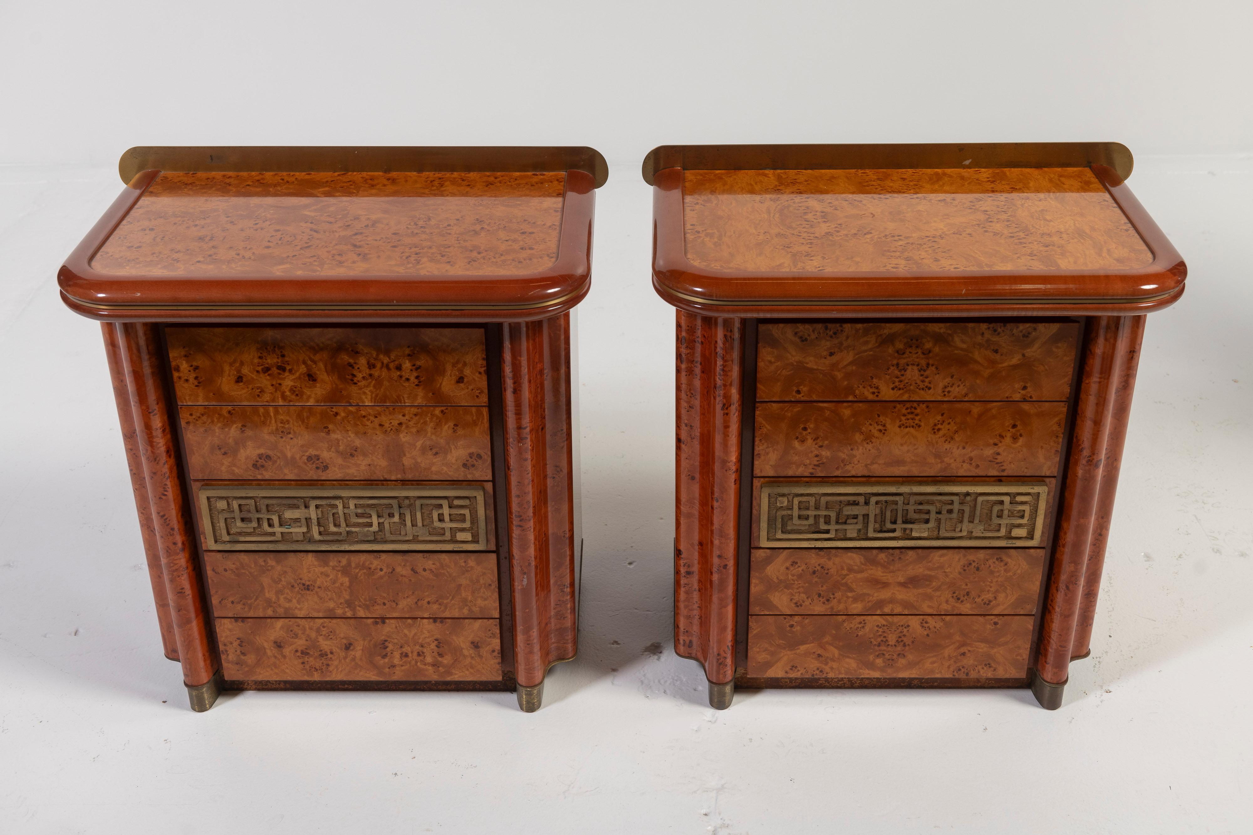 Mid-Century Modern Pair Luciano Frigerio Five Drawer Night Stands, Burl, Bronze and Brass Accents