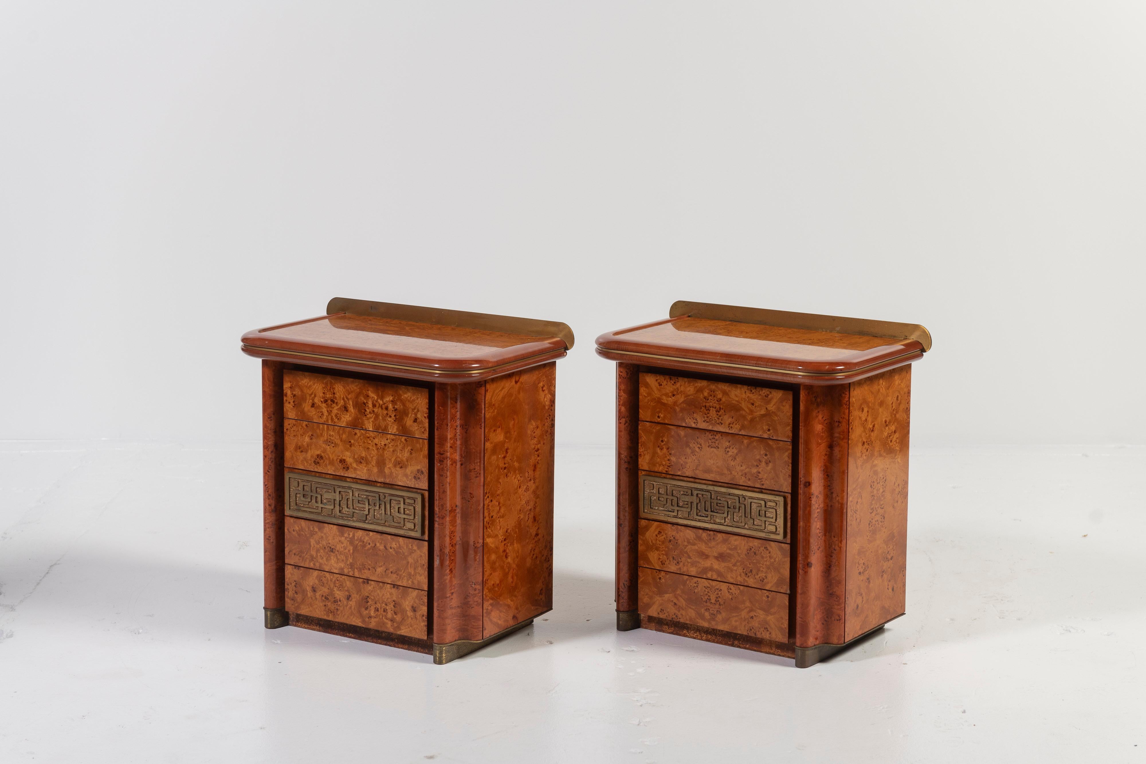 Italian Pair Luciano Frigerio Five Drawer Night Stands, Burl, Bronze and Brass Accents