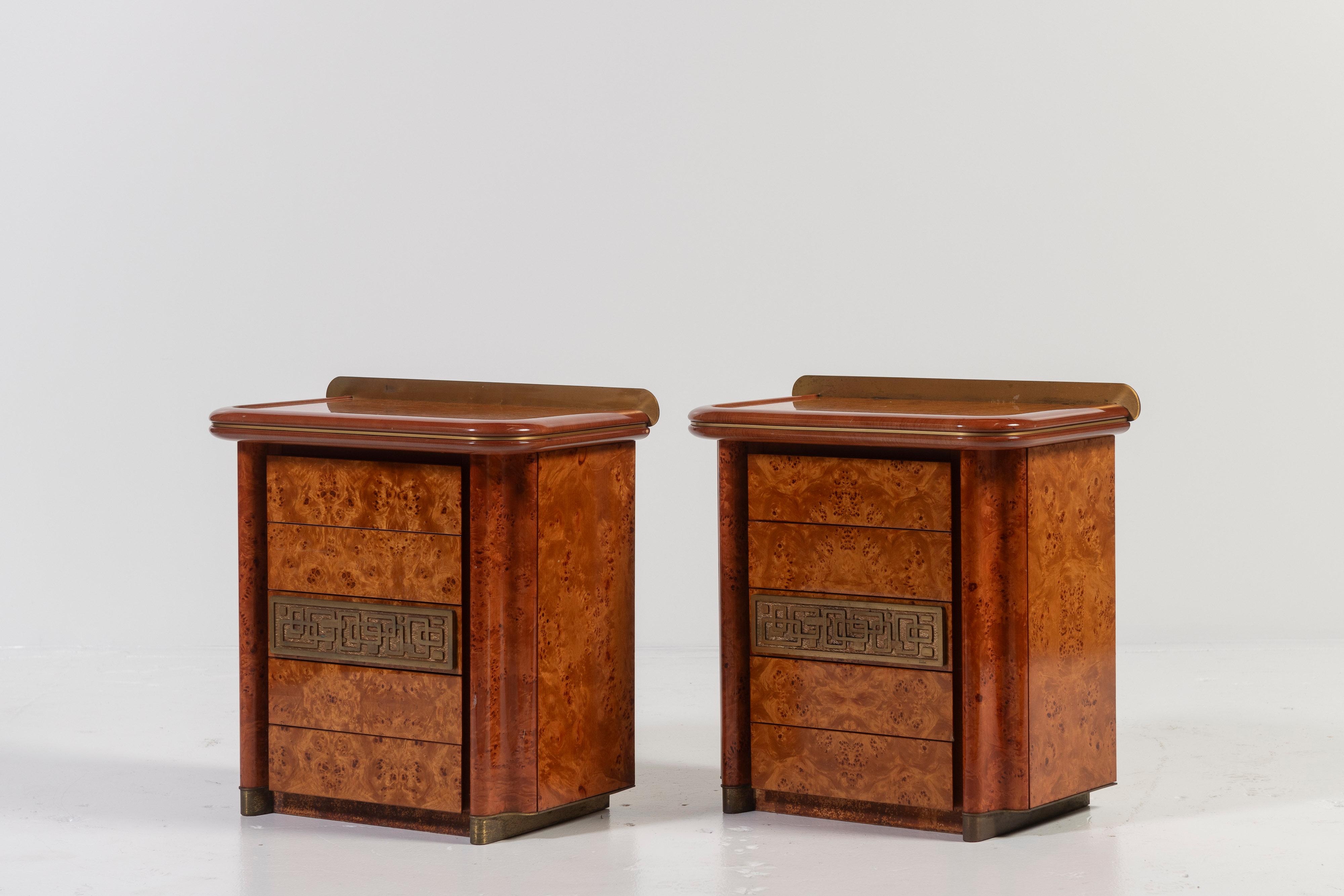 Pair Luciano Frigerio Five Drawer Night Stands, Burl, Bronze and Brass Accents In Good Condition In San Francisco, CA
