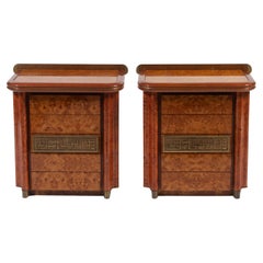 Pair Luciano Frigerio Five Drawer Night Stands, Burl, Bronze and Brass Accents