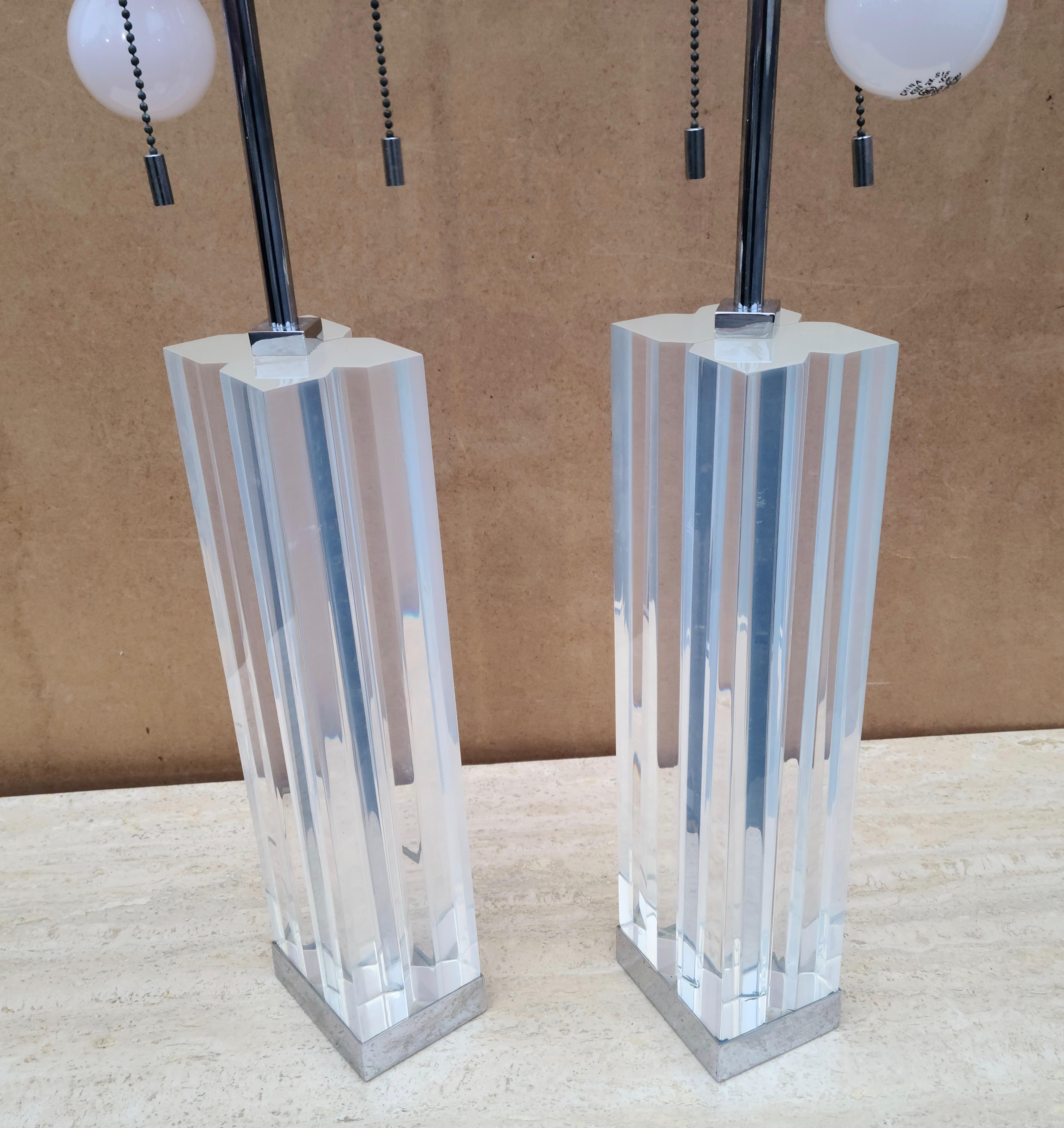 Pair Lucite Acrylic Lamps by Karl Springer for Hansen For Sale 3