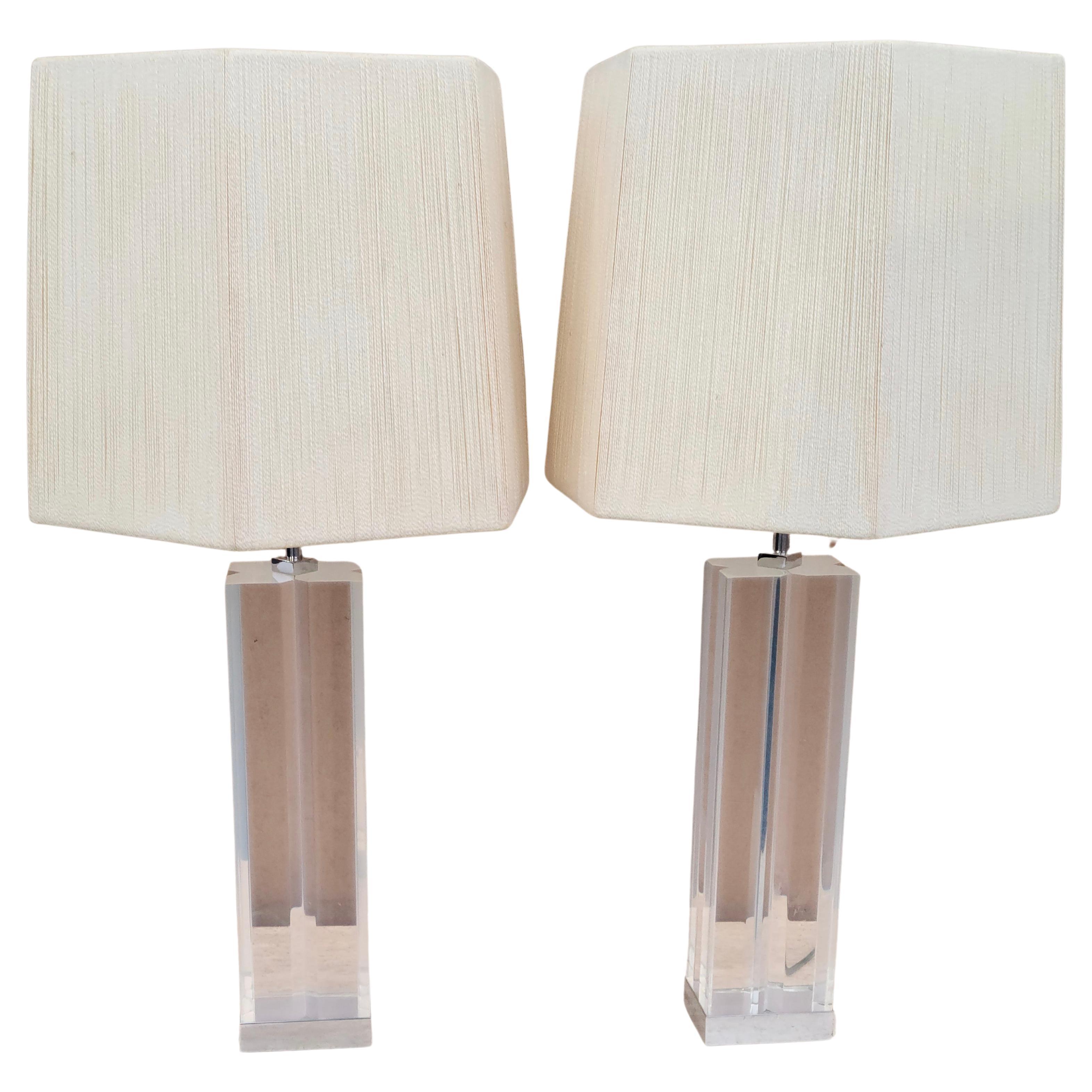 Pair Lucite Acrylic Lamps by Karl Springer for Hansen For Sale