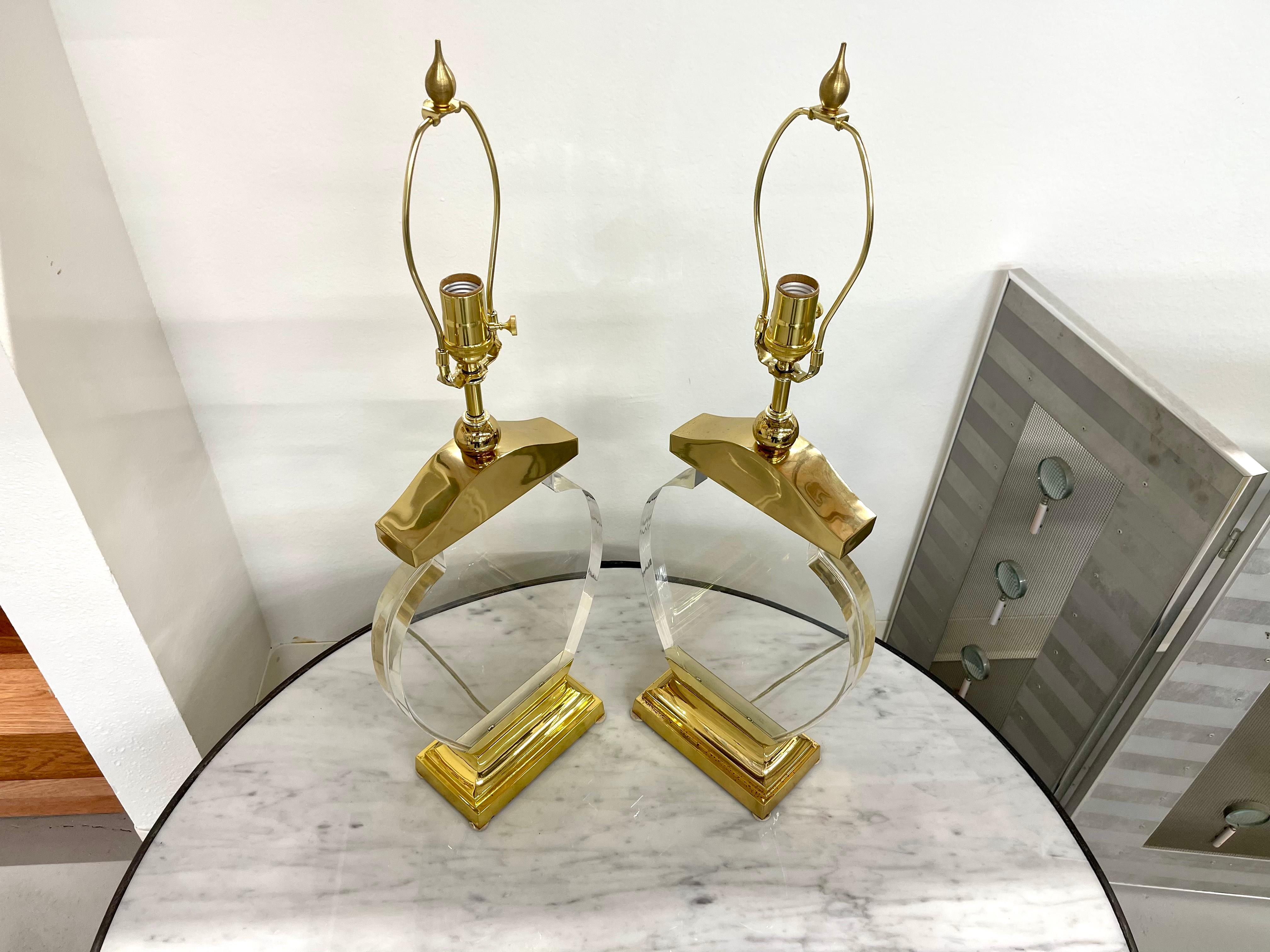 American Pair Lucite and Brass Lamps For Sale