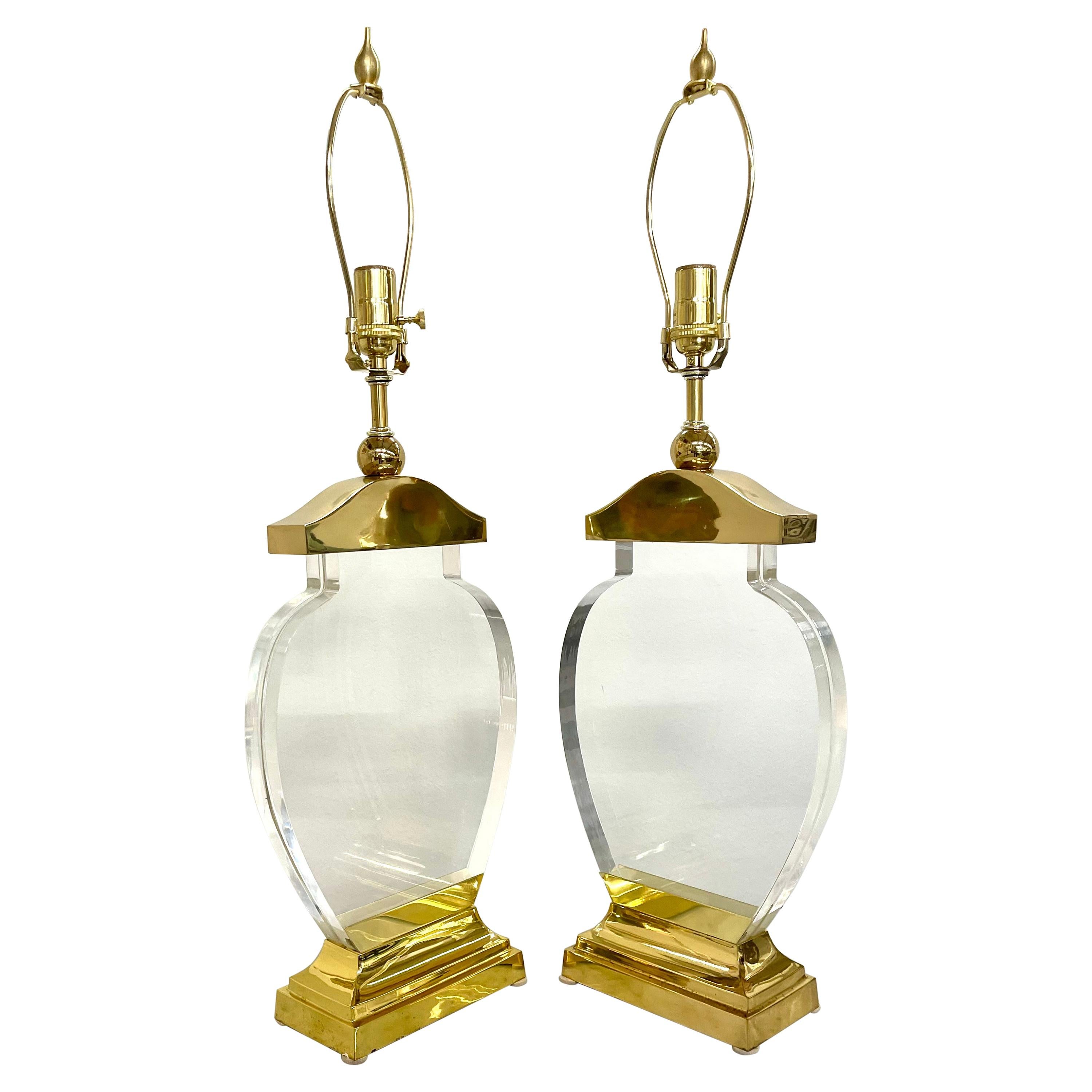 Pair Lucite and Brass Lamps For Sale