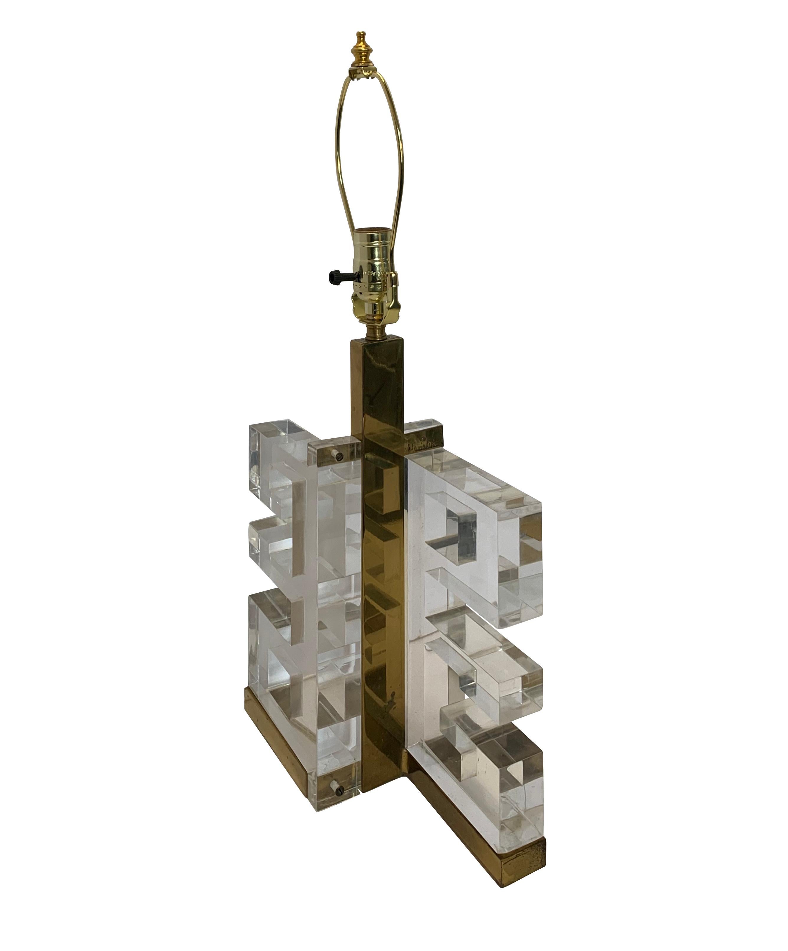 Italian Pair of Lucite and Brass Greek Key Design Lamps, Italy, 1950s