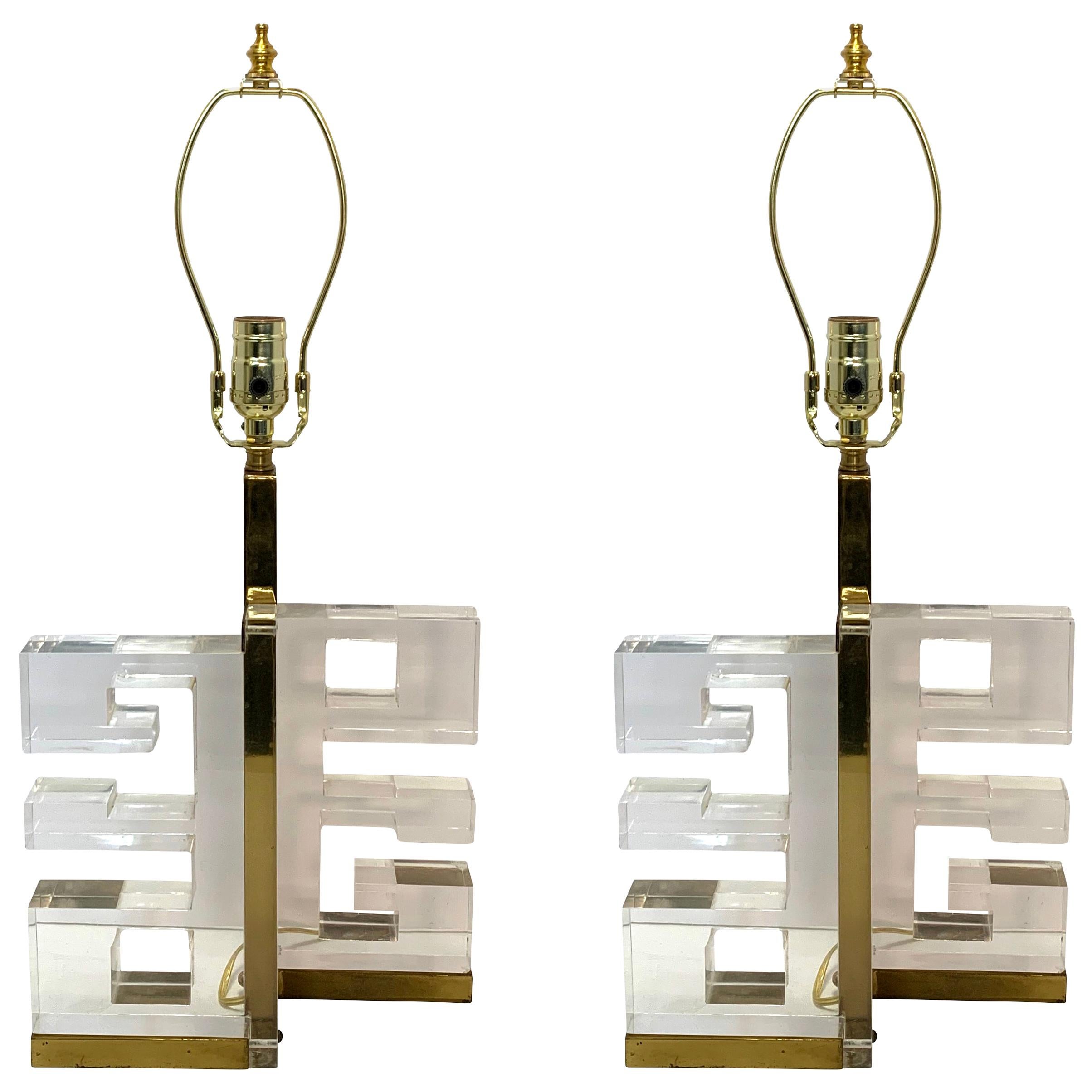 Pair of Lucite and Brass Greek Key Design Lamps, Italy, 1950s