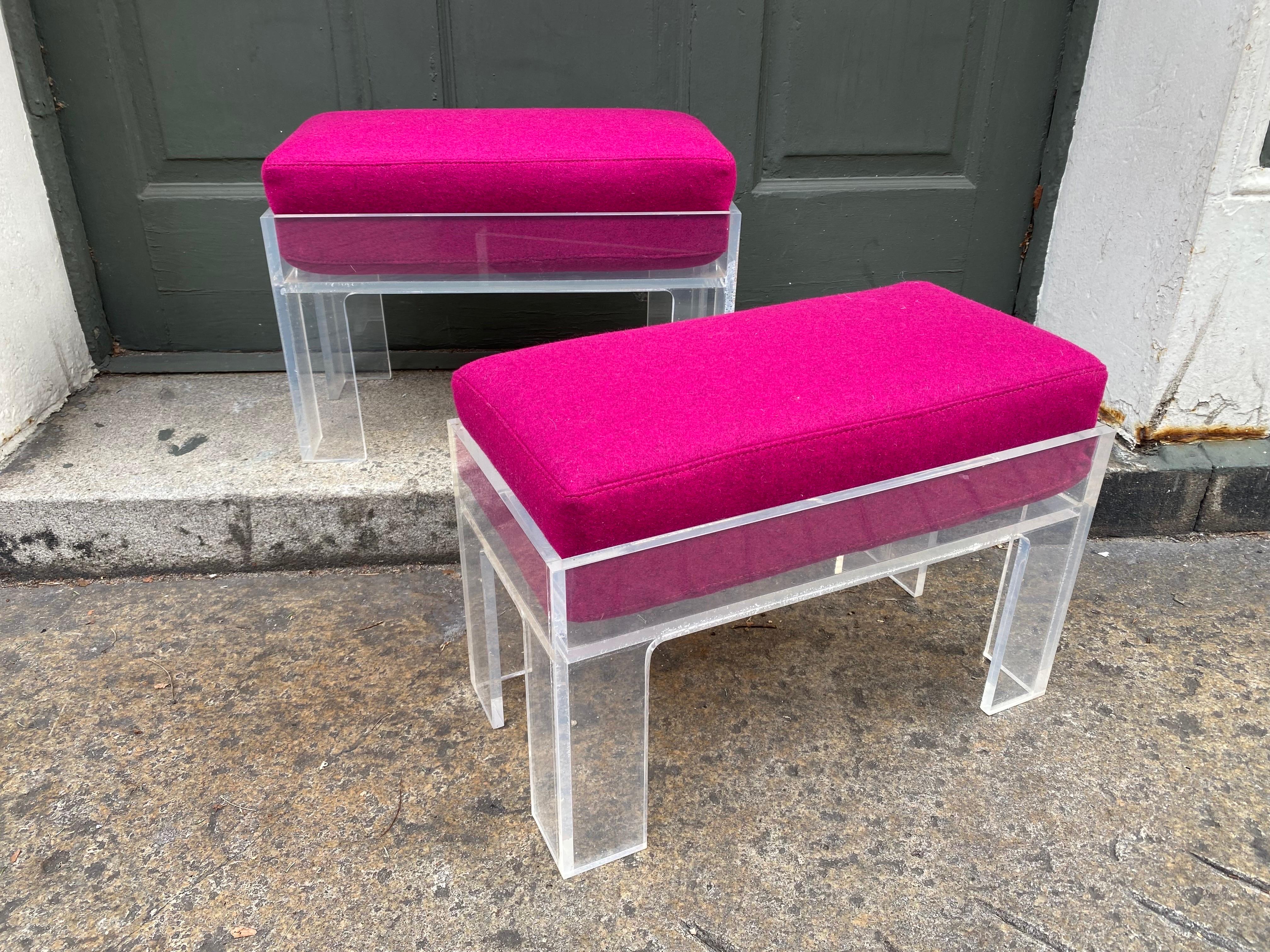 Mid-Century Modern Pair Lucite Ottomans with electric Pink Cushions For Sale