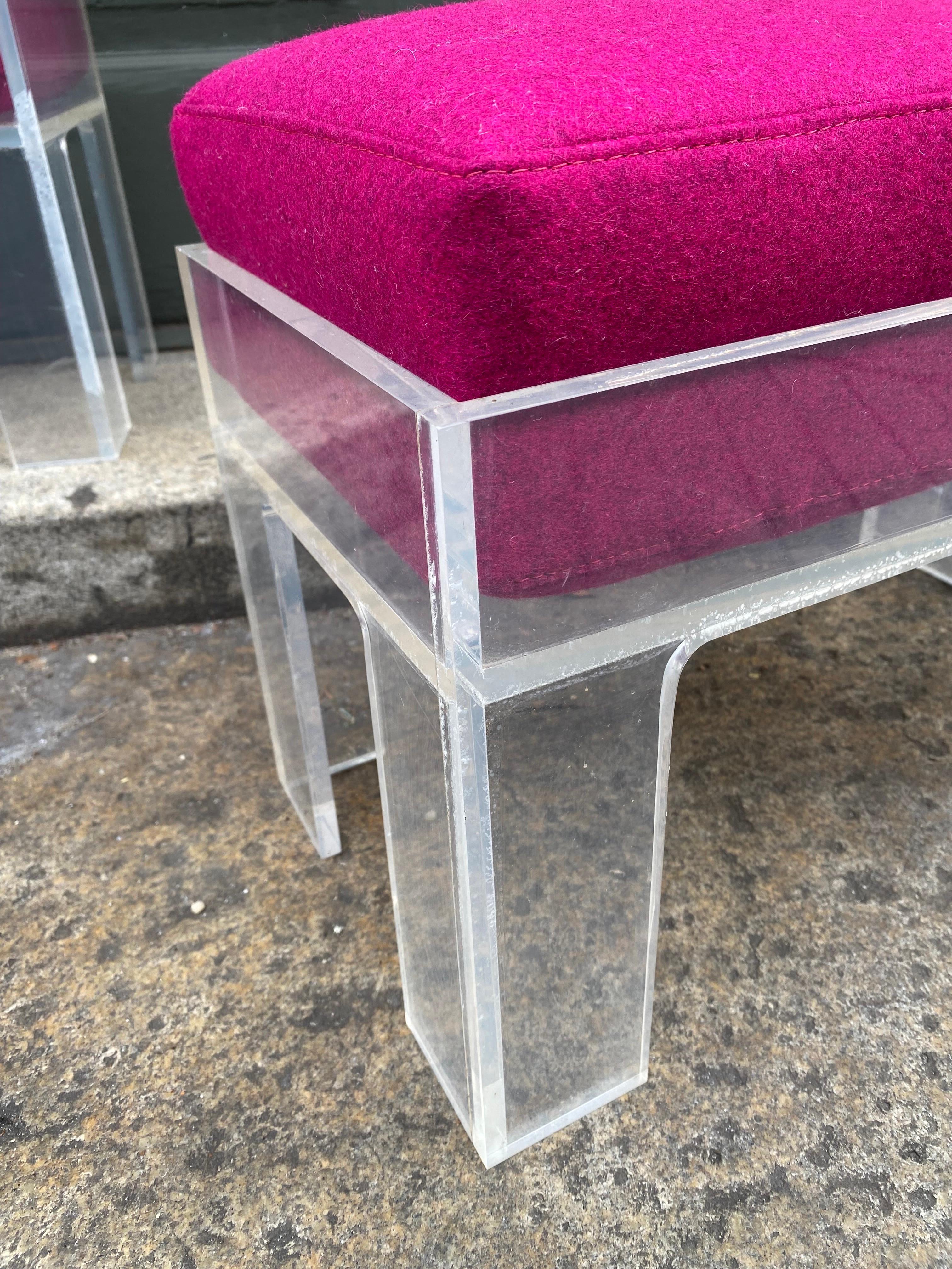 American Pair Lucite Ottomans with electric Pink Cushions For Sale