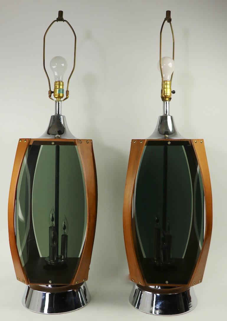 Mid-Century Modern Pair of Lucite Wood and Chrome Lamps by Lawrin