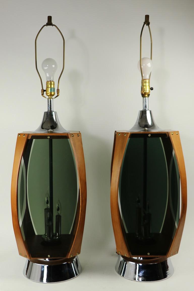 American Pair of Lucite Wood and Chrome Lamps by Lawrin
