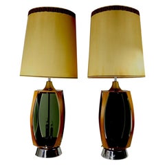 Pair of Lucite Wood and Chrome Lamps by Lawrin