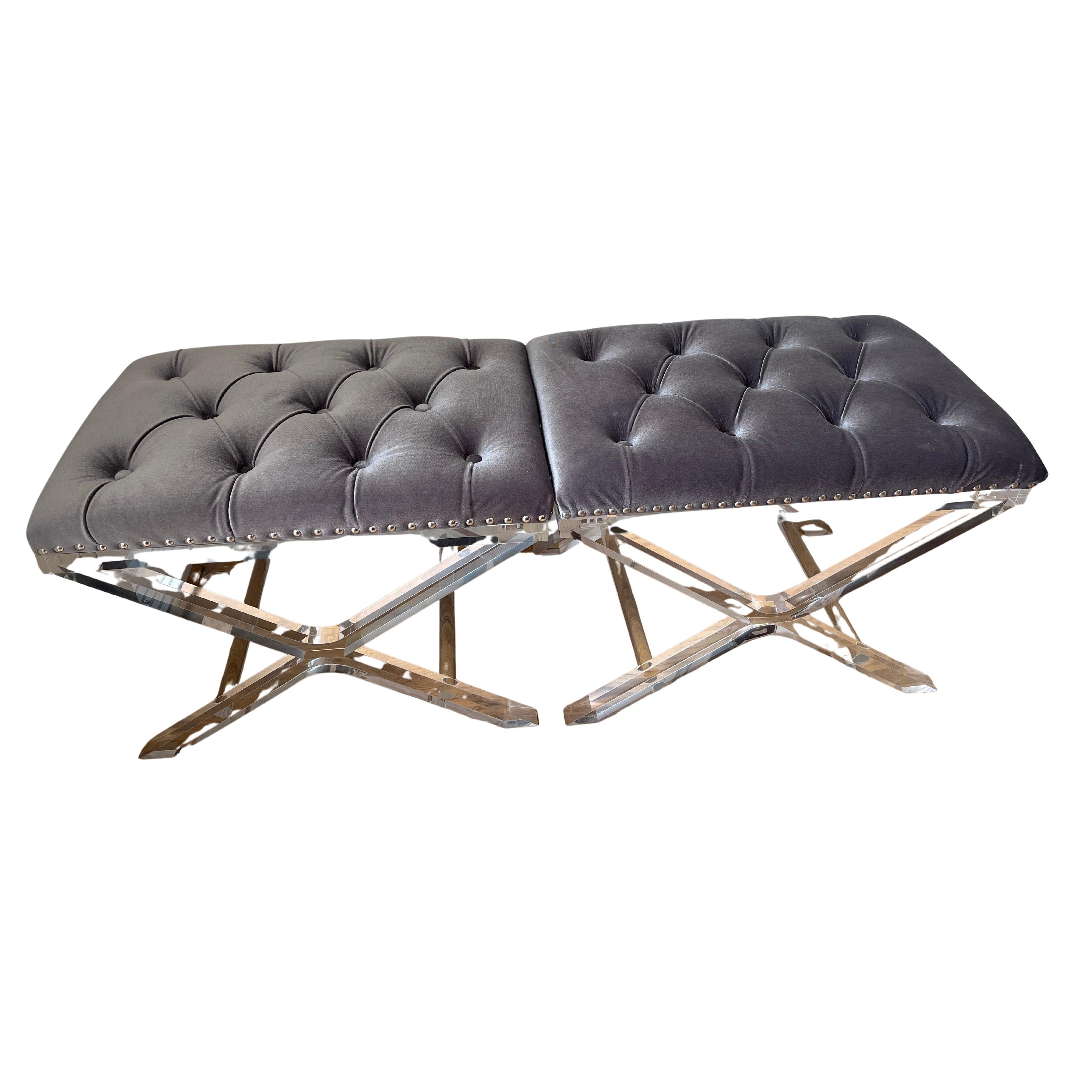 Pair Lucite X Benches Tufted Gray Velvet