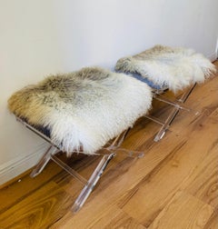 Pair Lucite X Stools Tufted Velvet with Mongolian Fur covers