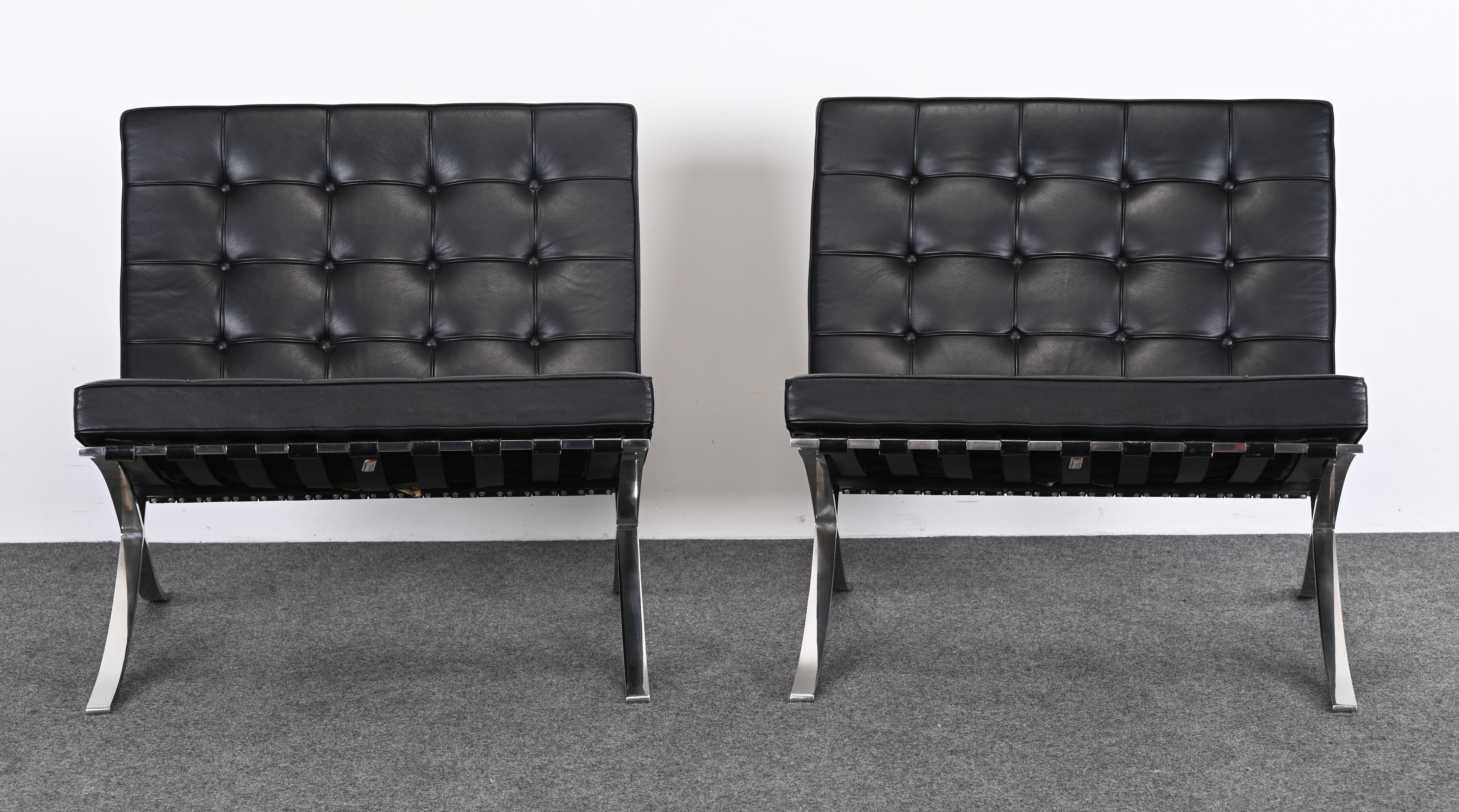 A luxurious pair of Mies van der Rohe Barcelona lounge chairs for Knoll Associates, Inc.  They are in very good vintage condition and are ready to place. The vintage leather is soft but firm and given they are over 60 years old they are in very good