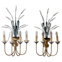 Coppia di rari e lussuosi apparecchi da parete a 4 bracci in cristallo a forma di covone di grano di Banci Firenze, Italia