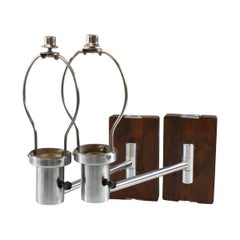 Pair of M C M Nessen Walnut and Chrome Swing Arm Wall Sconces