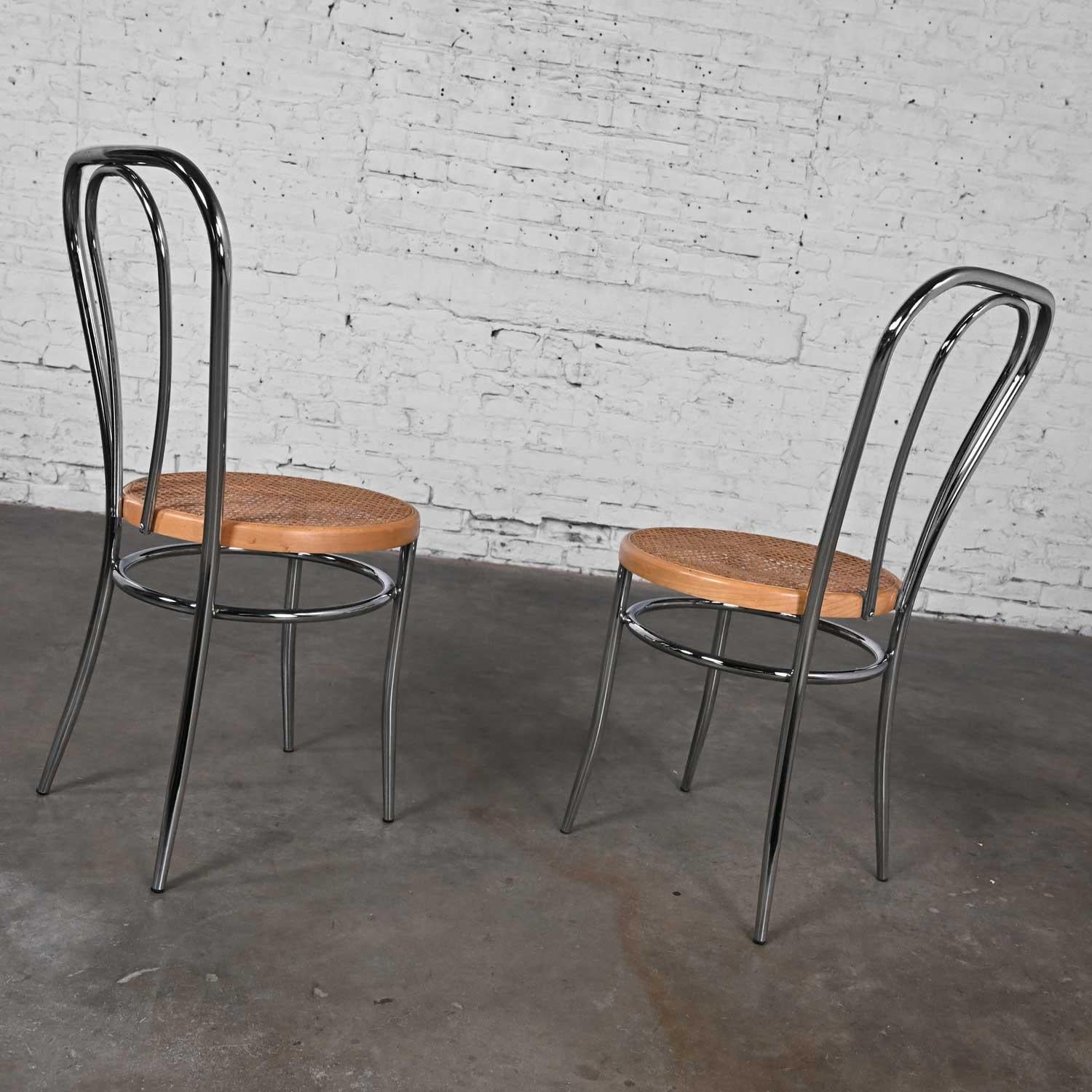 Pair Made Italy Bauhaus Style Bistro Café Chairs Chrome Cane Seat after Thonet en vente 4