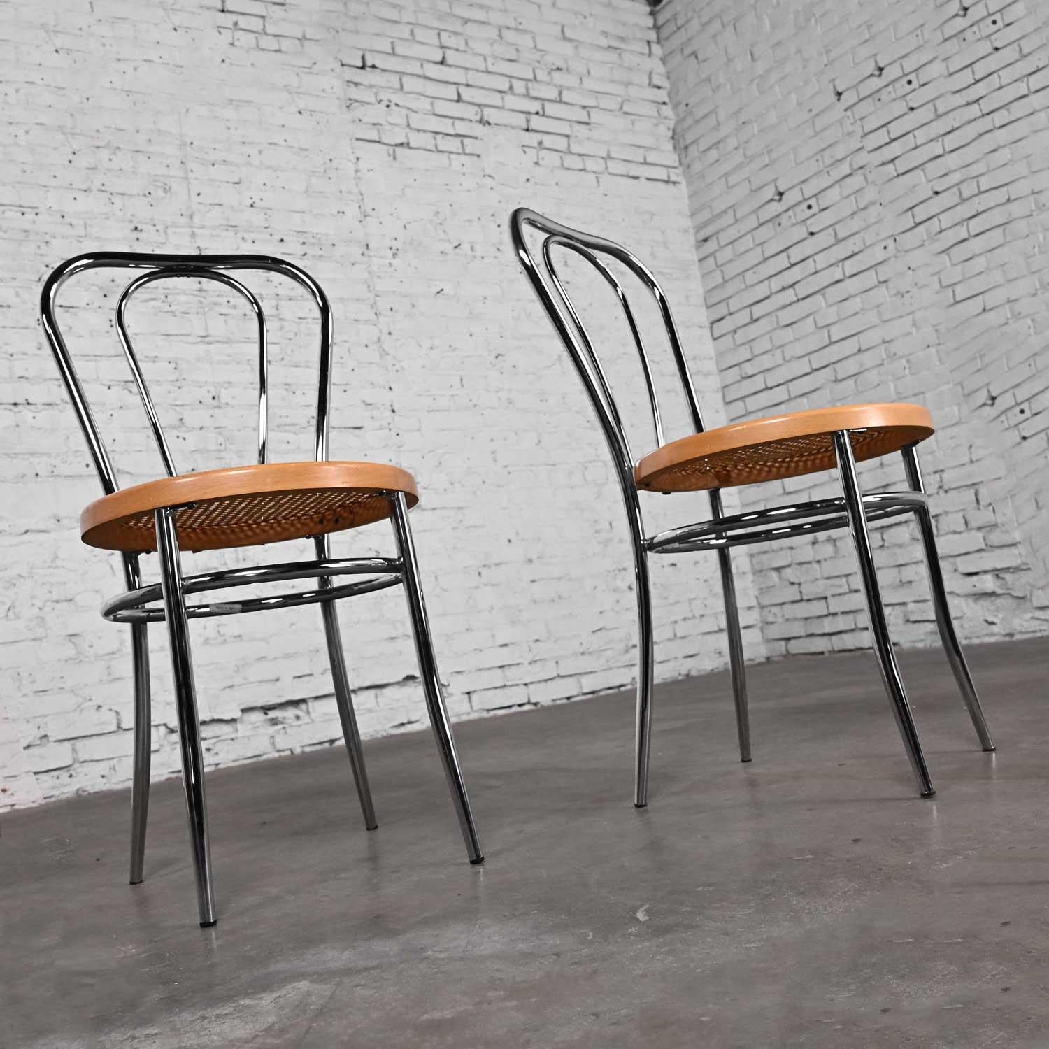 Pair Made Italy Bauhaus Style Bistro Café Chairs Chrome Cane Seat after Thonet en vente 8