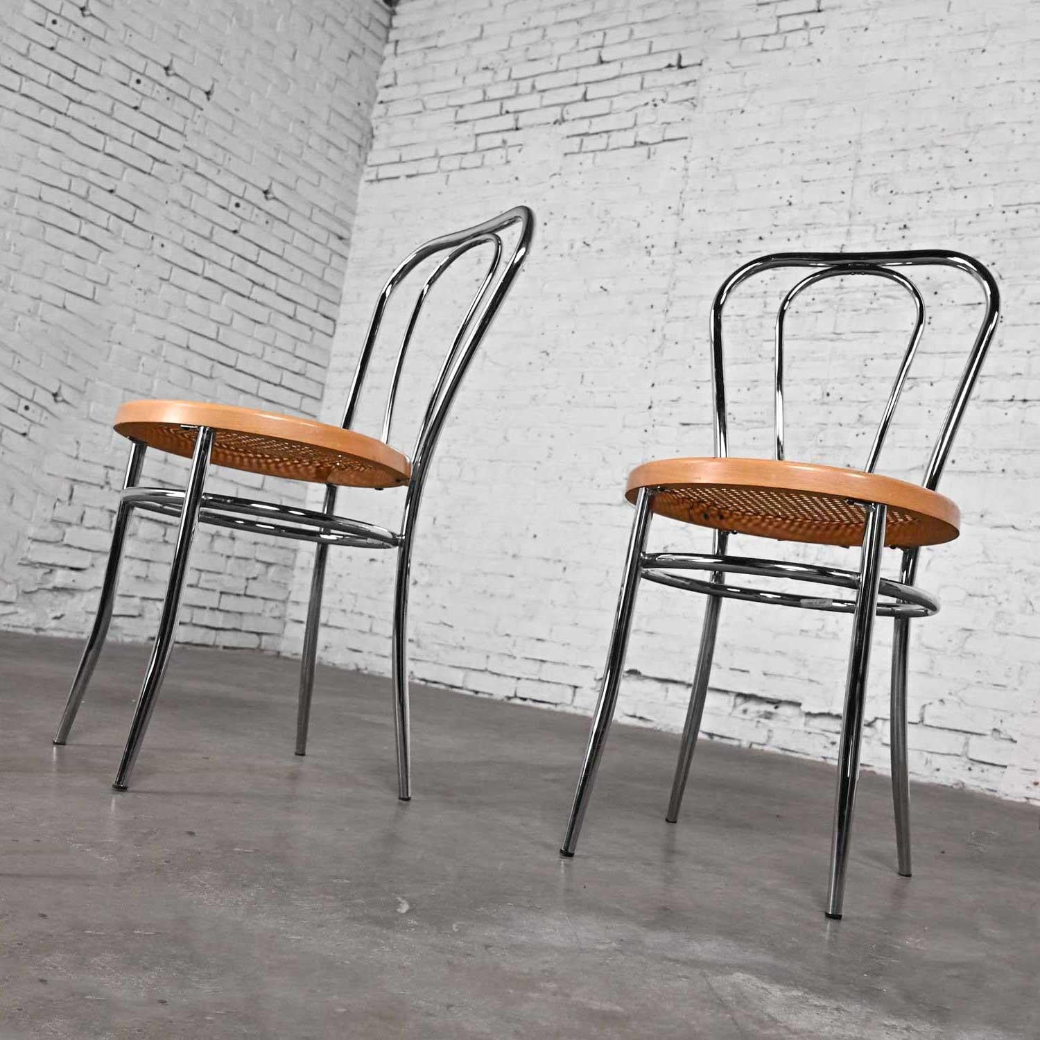 Pair Made Italy Bauhaus Style Bistro Café Chairs Chrome Cane Seat After Thonet For Sale 8