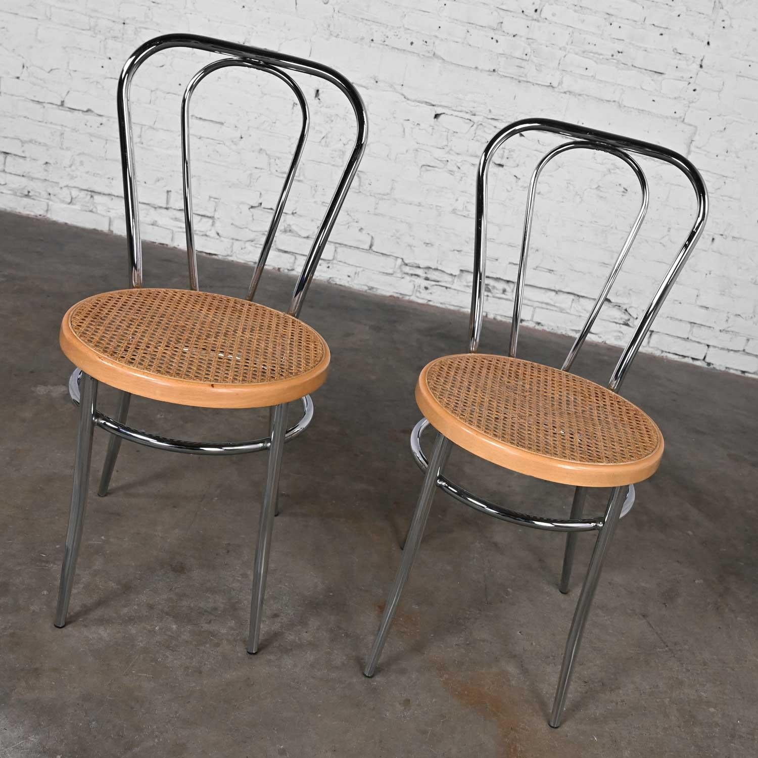 Pair Made Italy Bauhaus Style Bistro Café Chairs Chrome Cane Seat after Thonet en vente 11