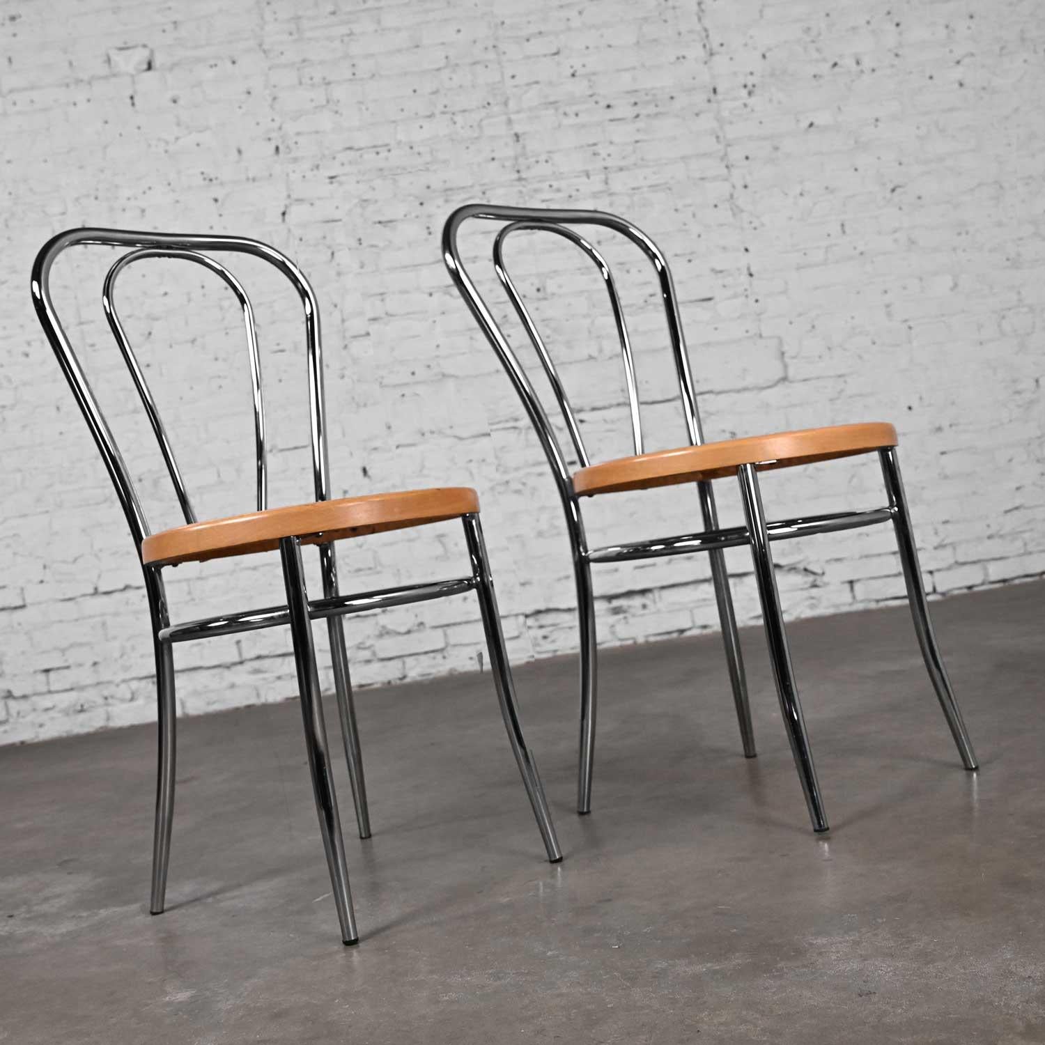 Pair Made Italy Bauhaus Style Bistro Café Chairs Chrome Cane Seat After Thonet In Good Condition For Sale In Topeka, KS
