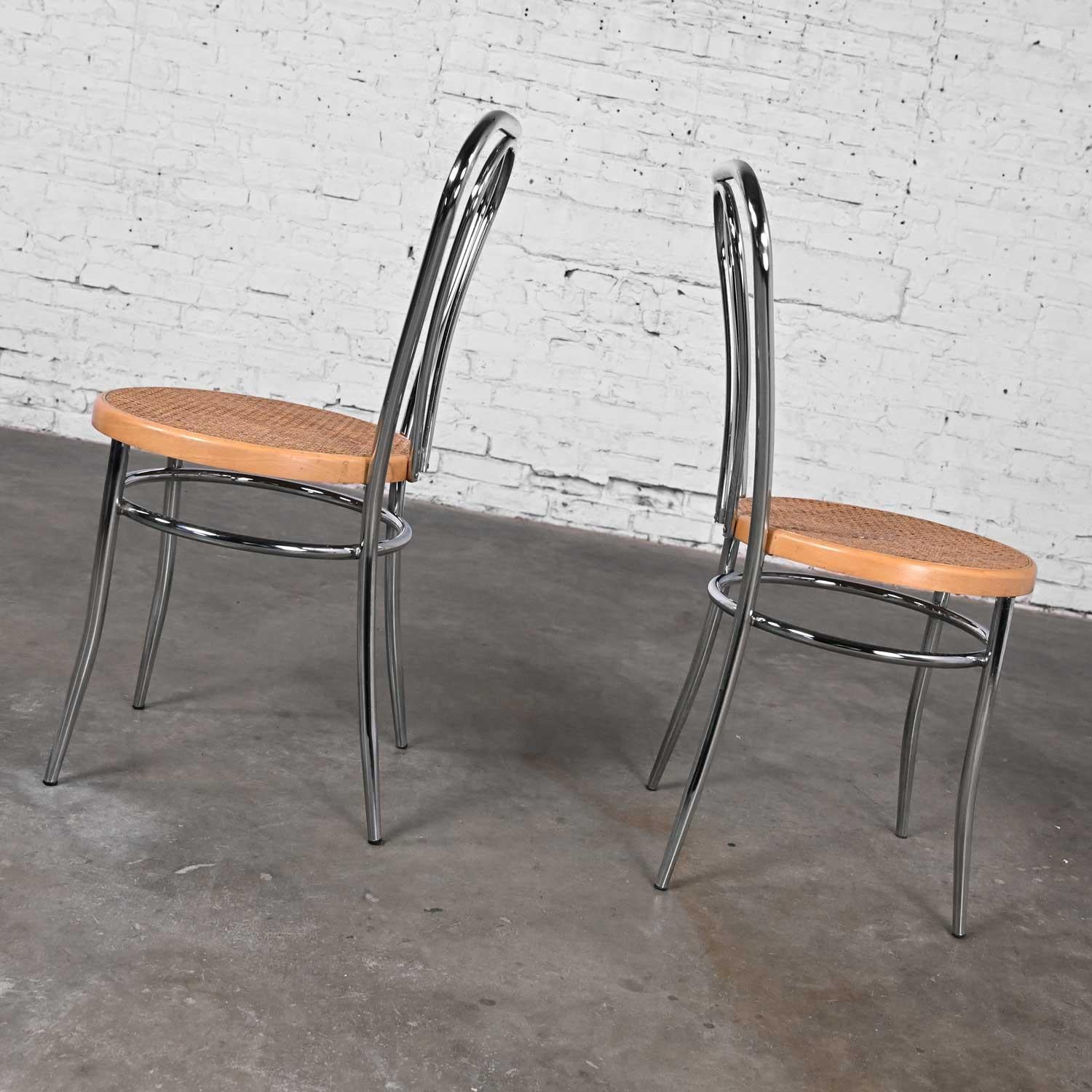 20th Century Pair Made Italy Bauhaus Style Bistro Café Chairs Chrome Cane Seat After Thonet For Sale