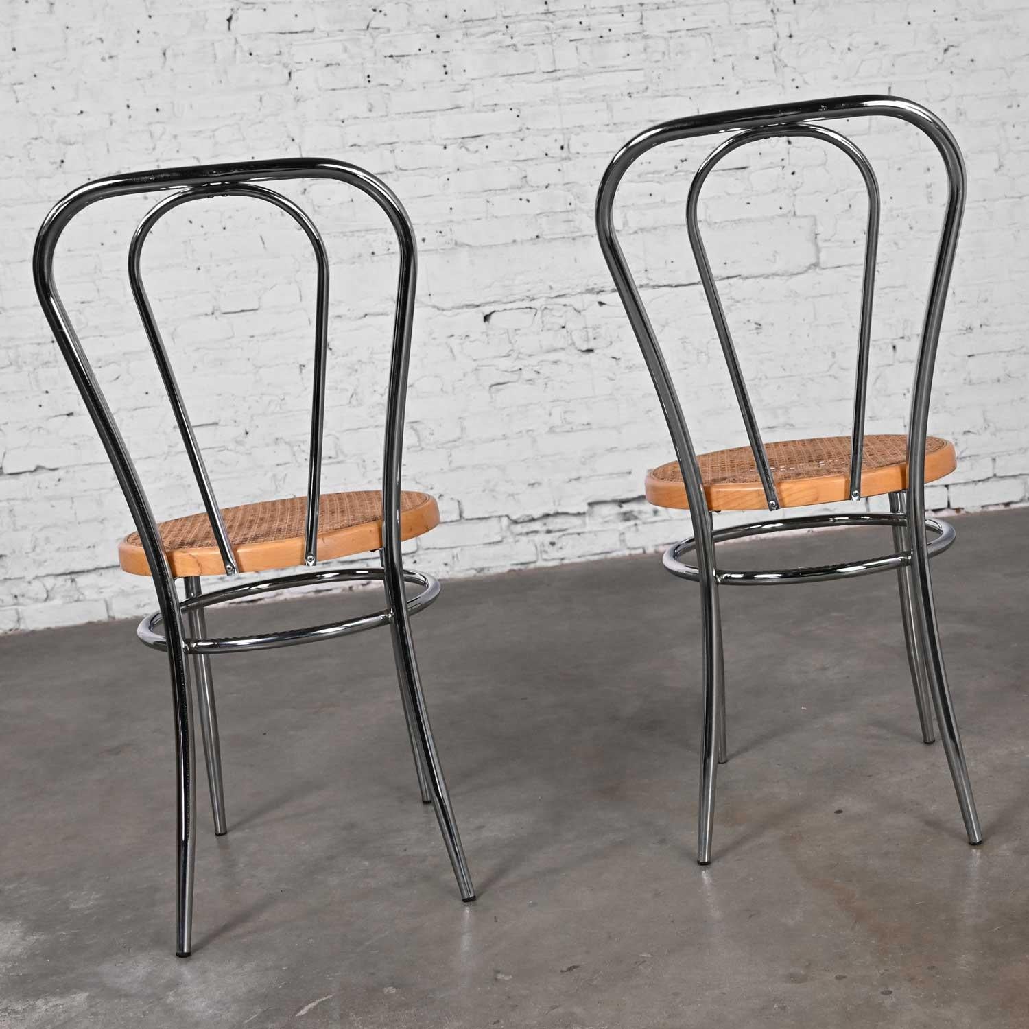 Pair Made Italy Bauhaus Style Bistro Café Chairs Chrome Cane Seat after Thonet en vente 1