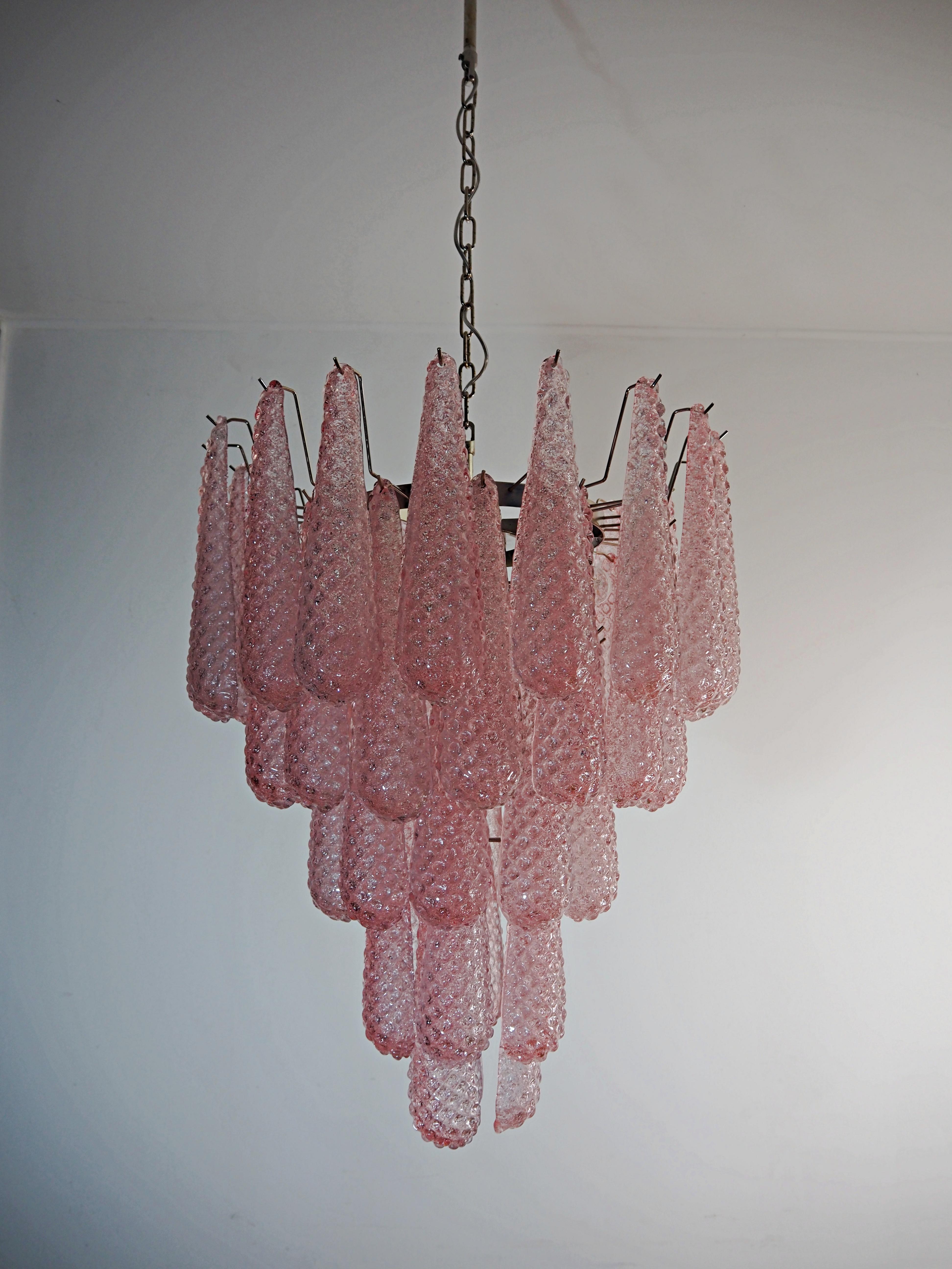 Late 20th Century Pair Magic Murano Pink Drops Chandeliers For Sale