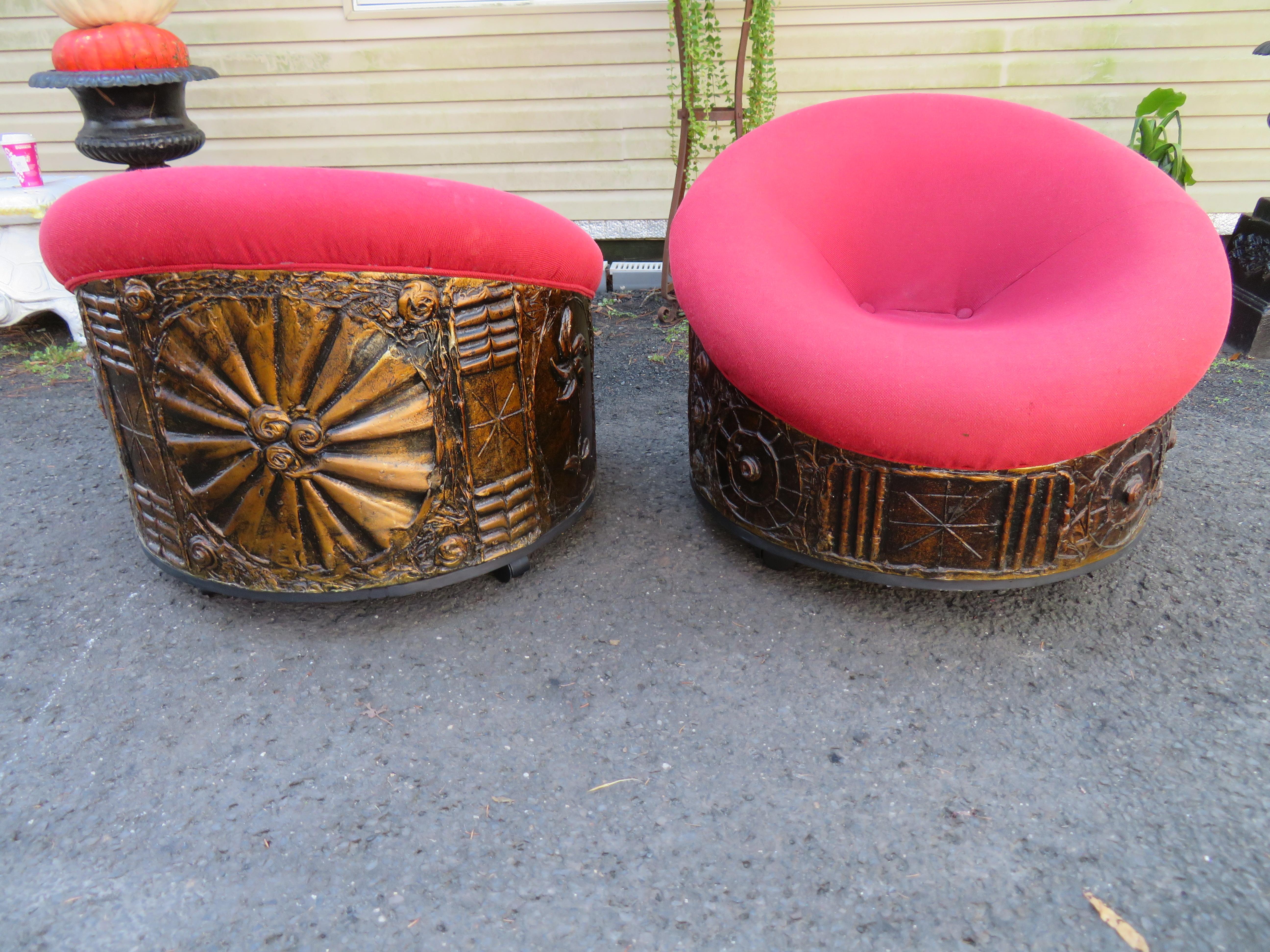 Amazing pair of Adrian Pearsall Brutalist pod lounge chairs. Chairs retain their original red woven wool fabric in faded useable condition-cleaning is recommended! Sculpted Brutalist bases are in very nice vintage condition-some minor chips here and
